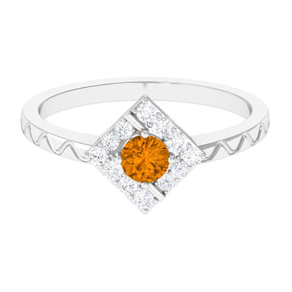 0.50 CT Round Shape Citrine Minimal Textured Ring with Diamond