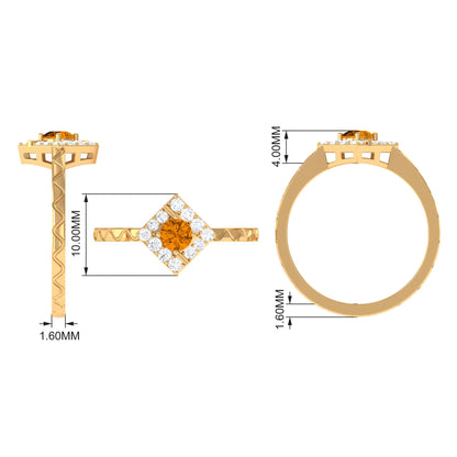 0.50 CT Round Shape Citrine Minimal Textured Ring with Diamond