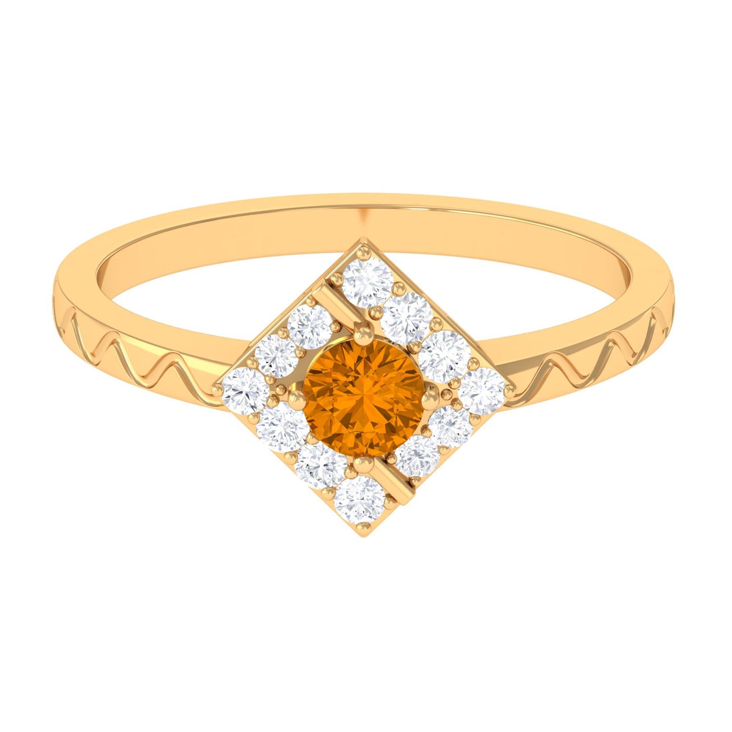 0.50 CT Round Shape Citrine Minimal Textured Ring with Diamond