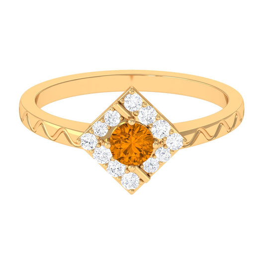 0.50 CT Round Shape Citrine Minimal Textured Ring with Diamond