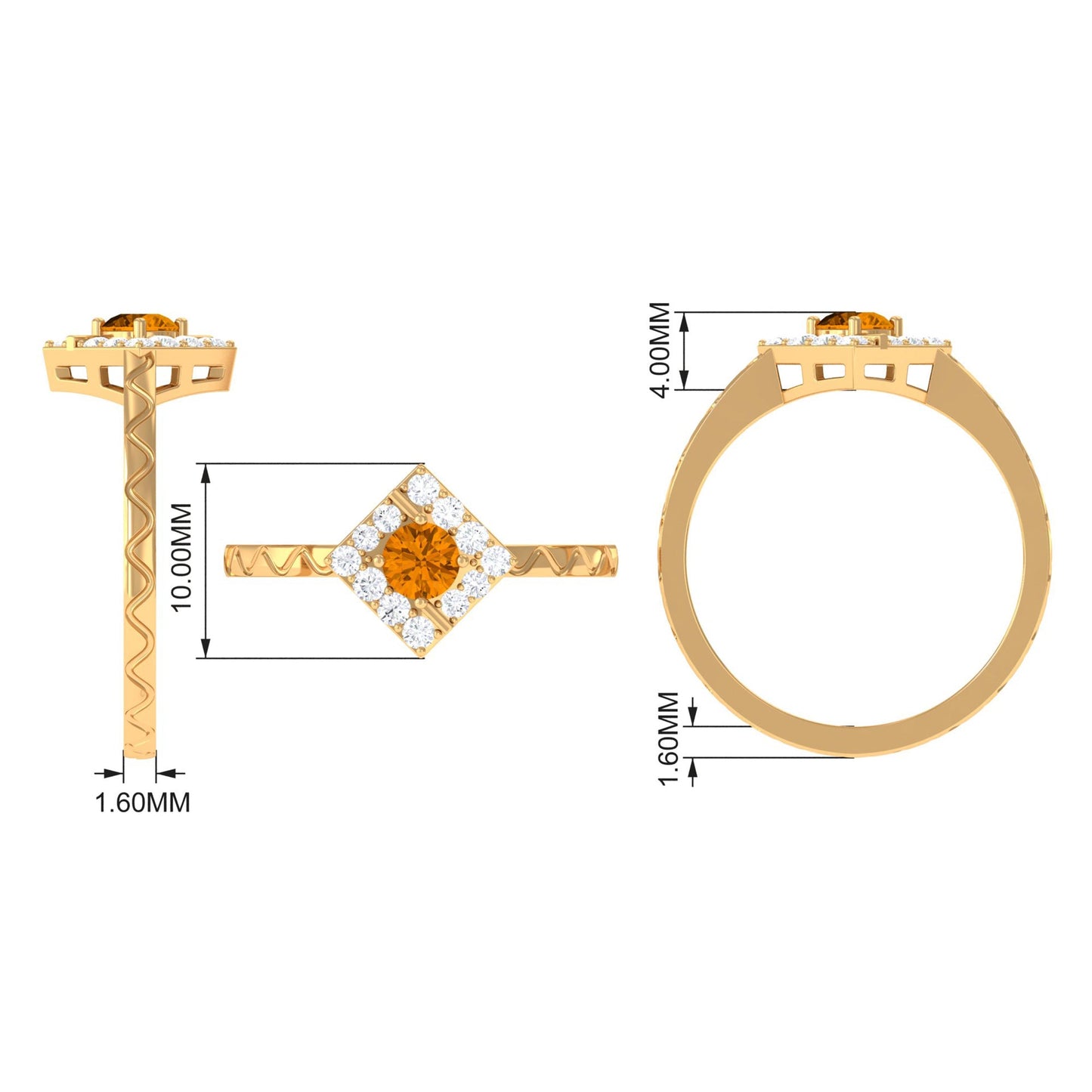 0.50 CT Round Shape Citrine Minimal Textured Ring with Diamond