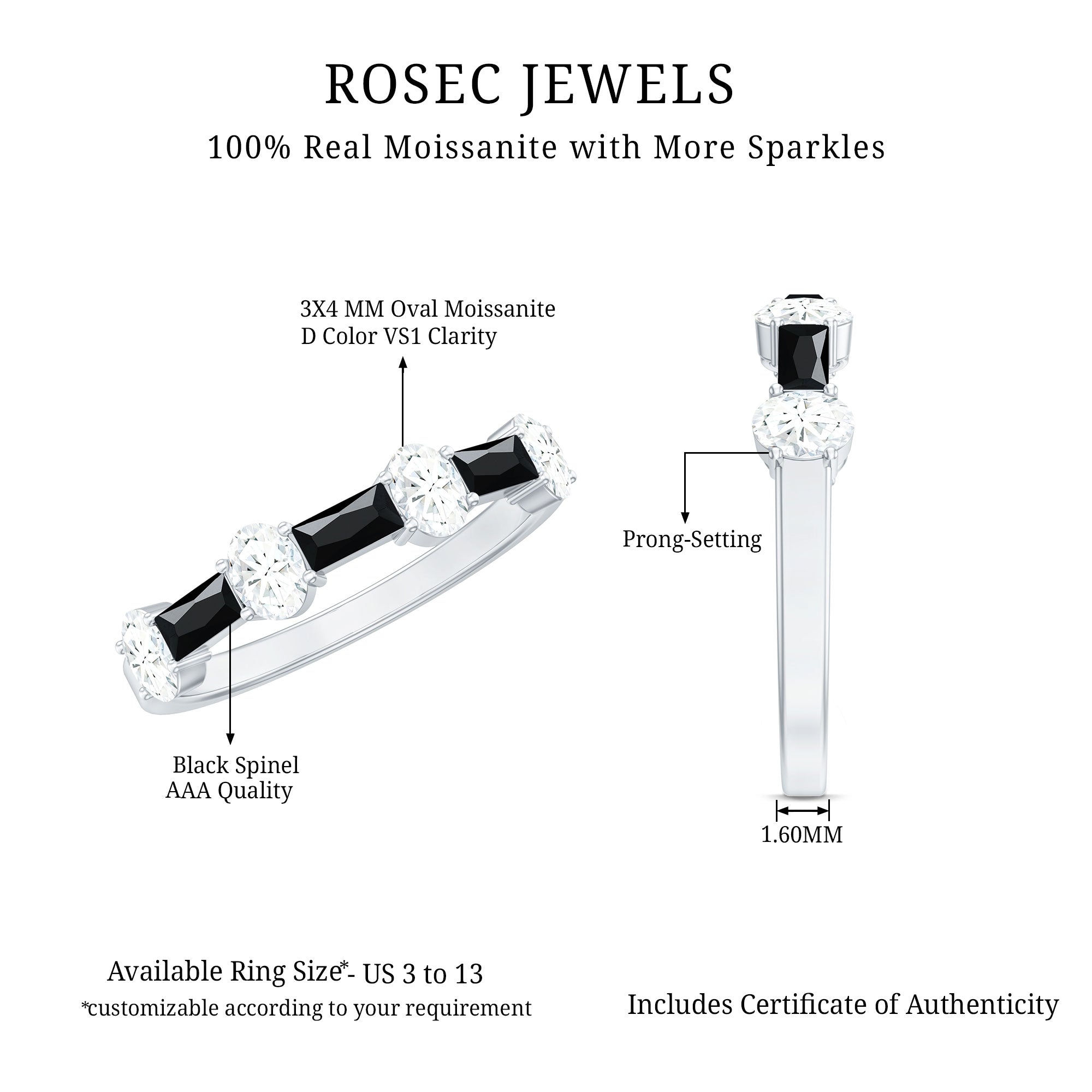 1 CT Black Spinel and Moissanite Ring in Half Eternity