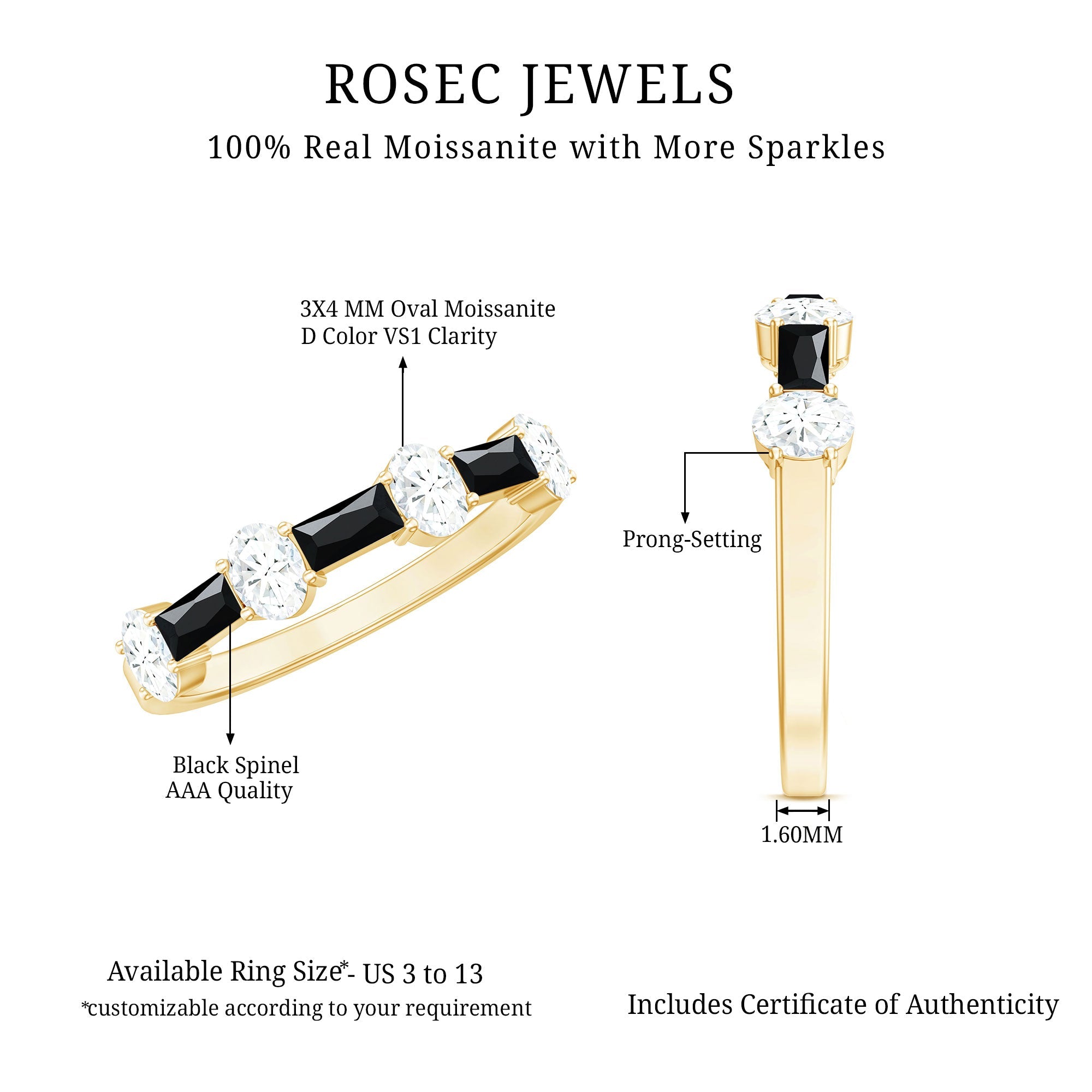 1 CT Black Spinel and Moissanite Ring in Half Eternity