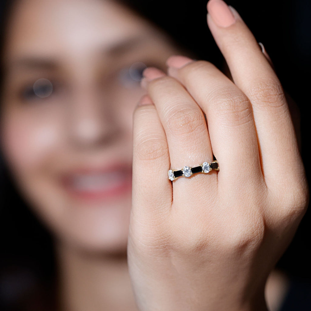 1 CT Black Spinel and Moissanite Ring in Half Eternity