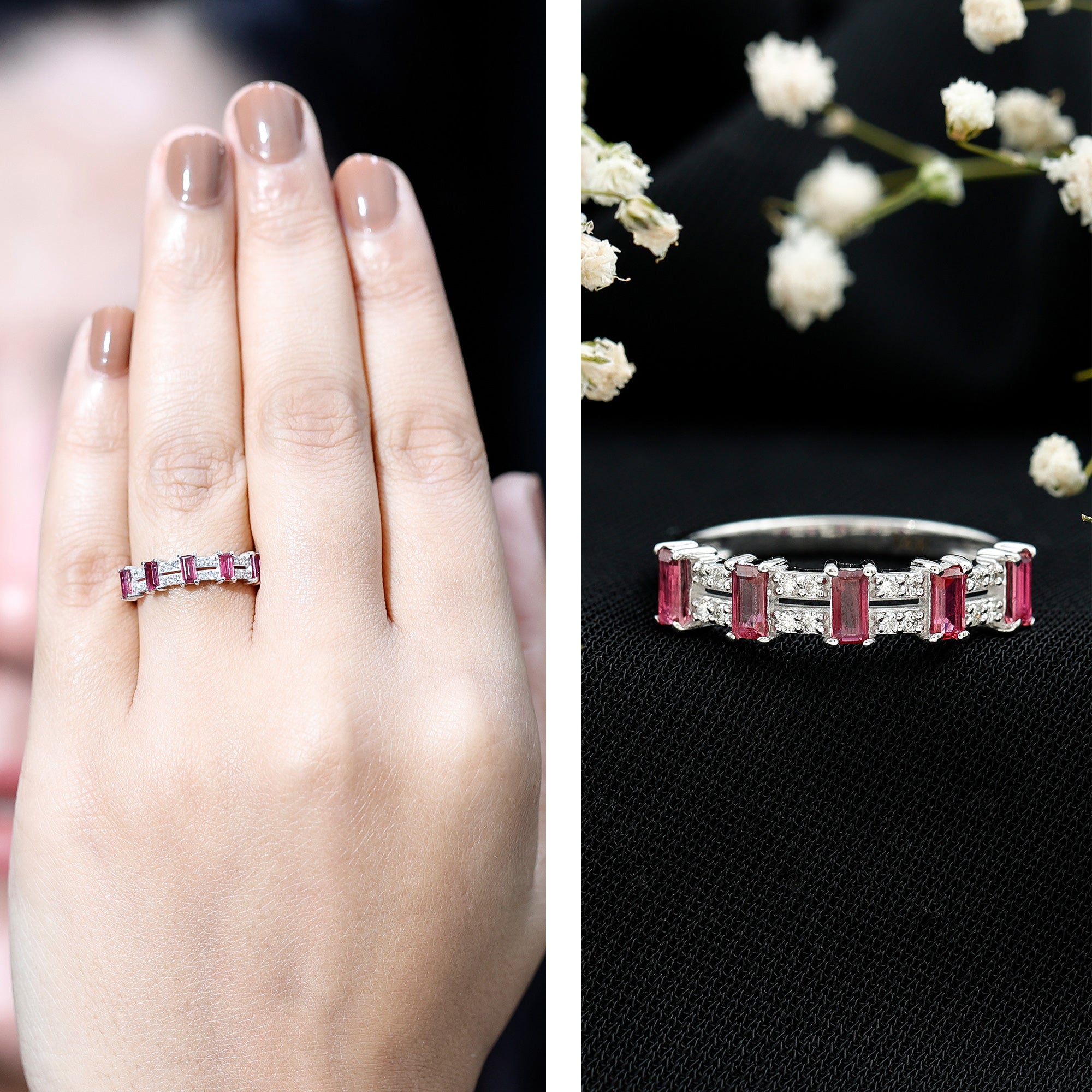 Ruby and Diamond Wide Half Eternity Band Ring