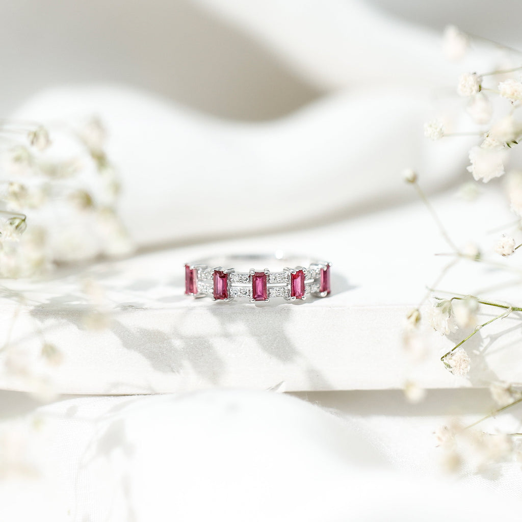 Ruby and Diamond Wide Half Eternity Band Ring