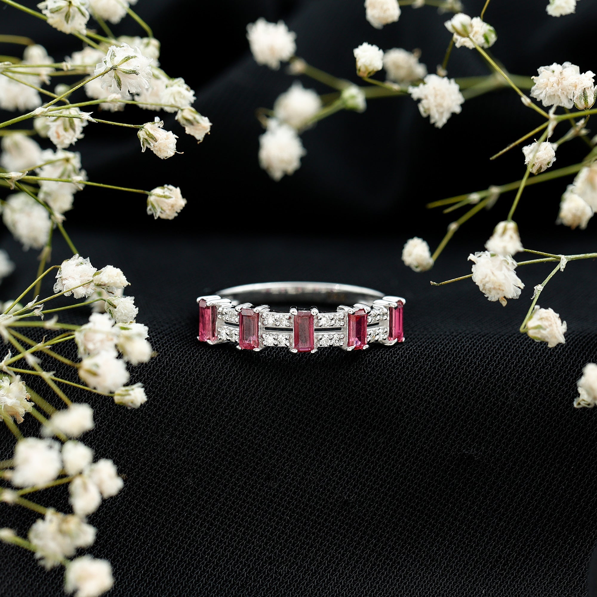 Ruby and Diamond Wide Half Eternity Band Ring