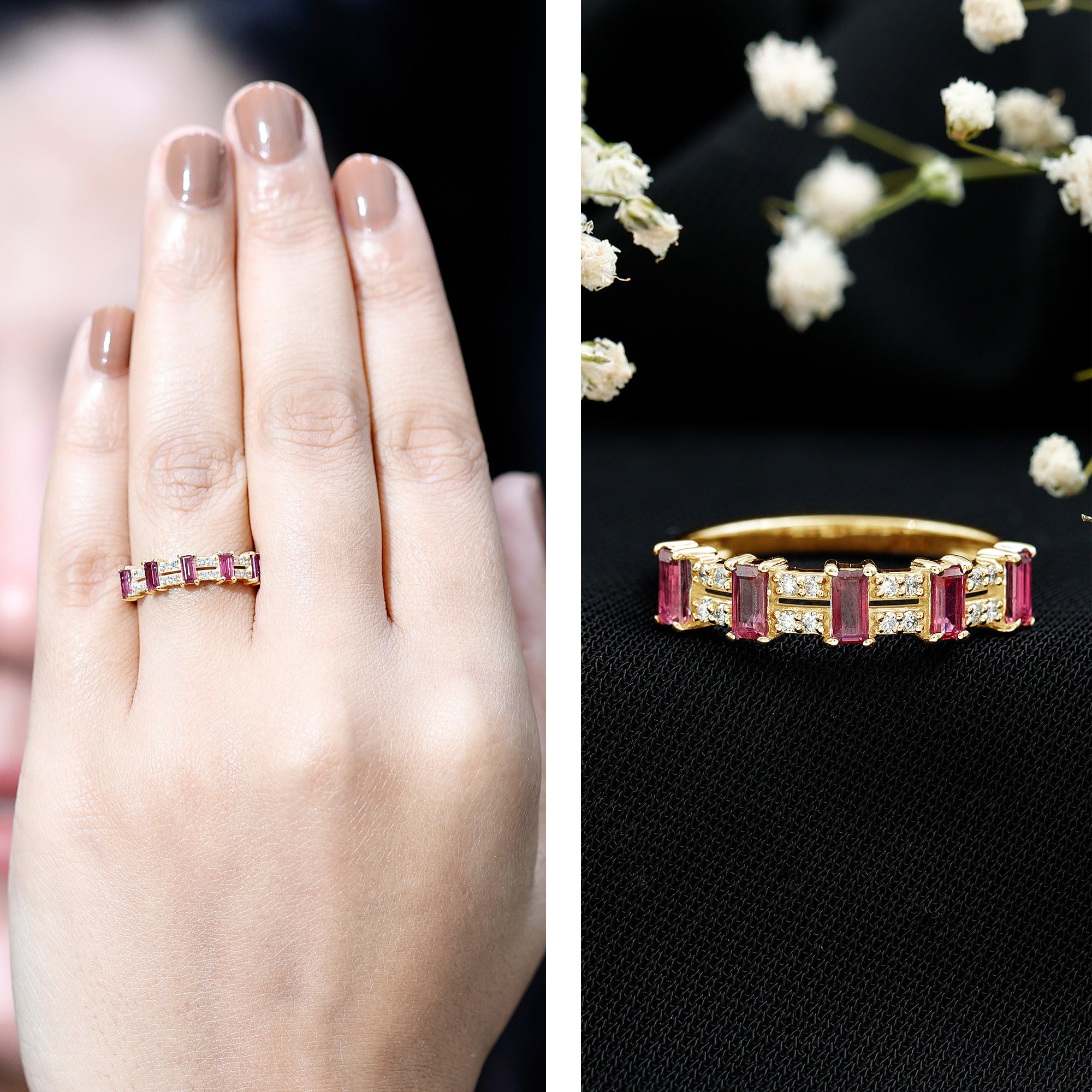 Ruby and Diamond Wide Half Eternity Band Ring