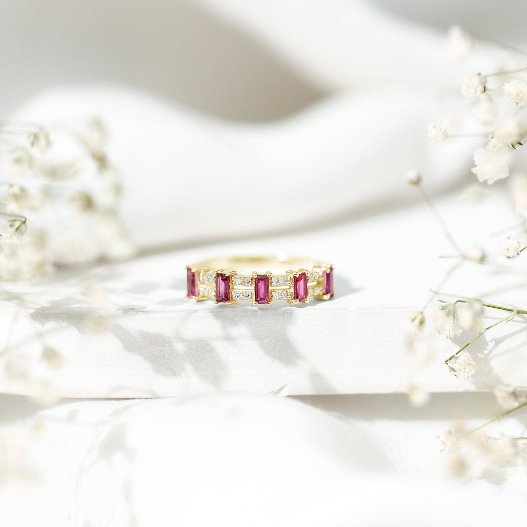 Ruby and Diamond Wide Half Eternity Band Ring