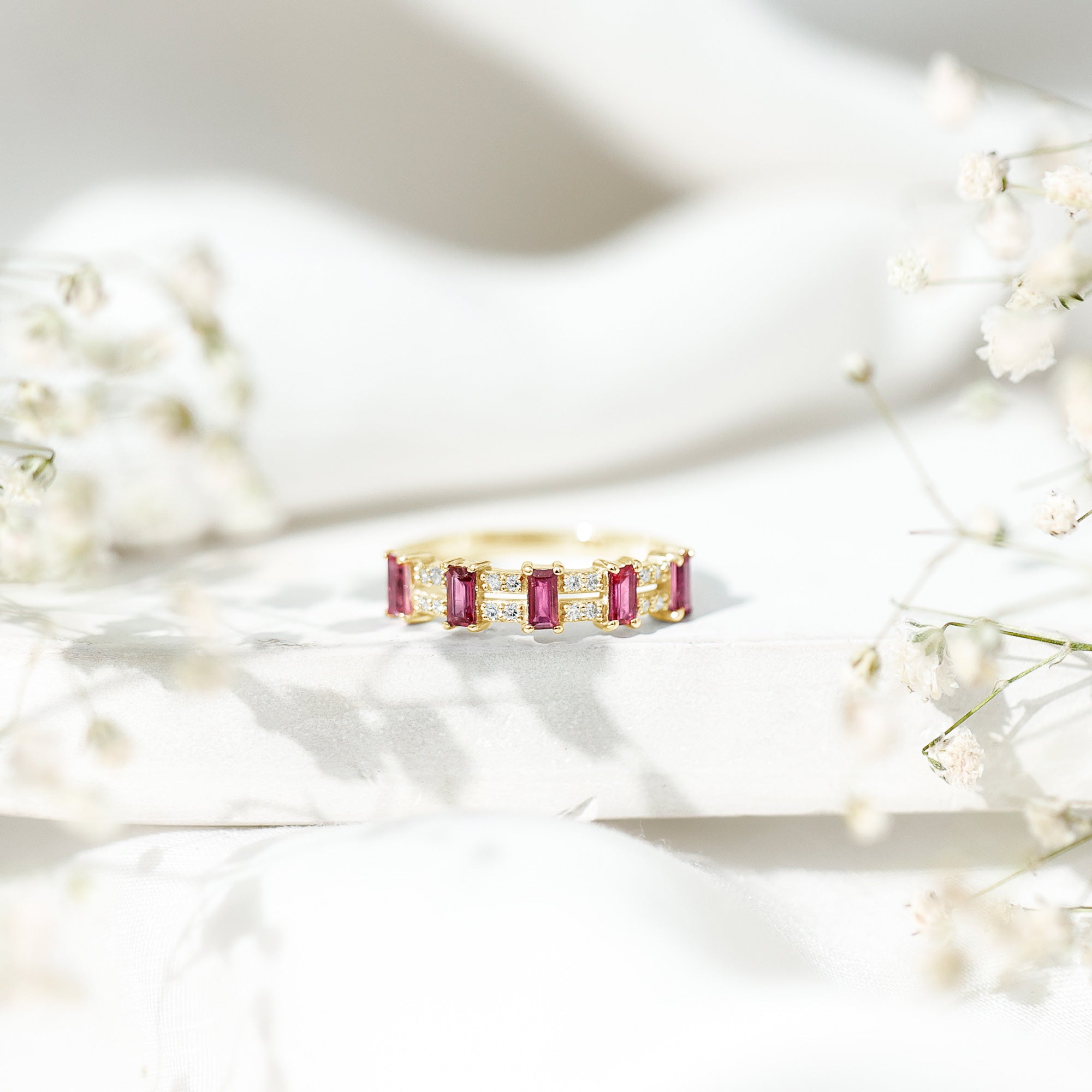 Ruby and Diamond Wide Half Eternity Band Ring