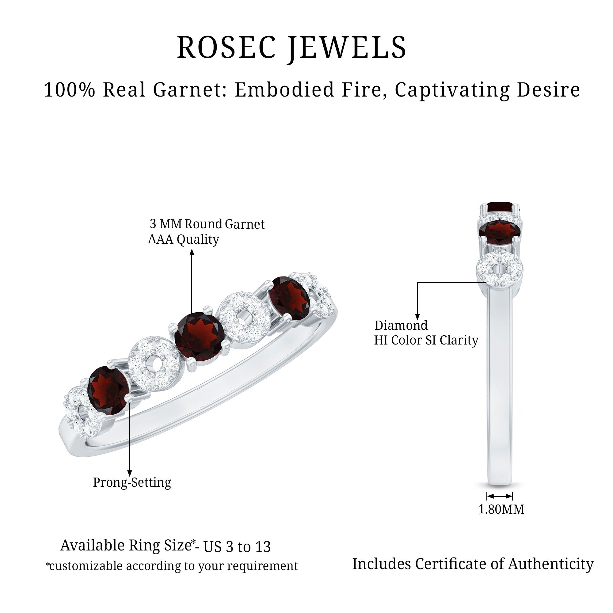 Natural Garnet Diamond Half Eternity Ring with Certificate