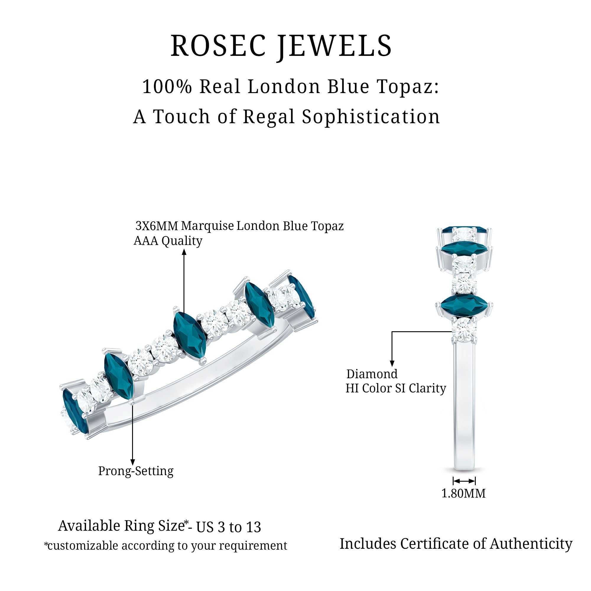 Marquise London Blue Topaz Semi Eternity Band with Diamond