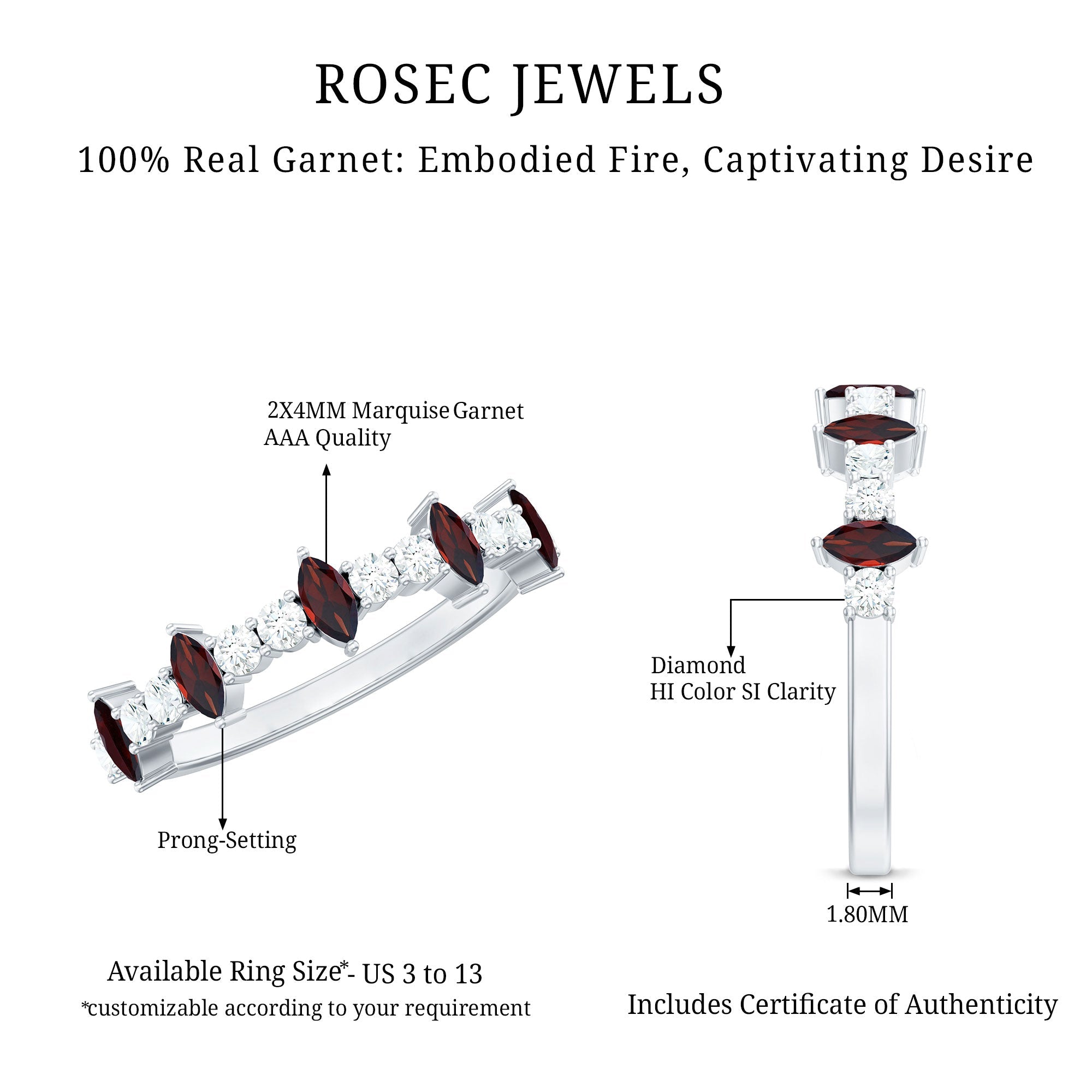 Natural Marquise Garnet Half Eternity Ring with Diamond