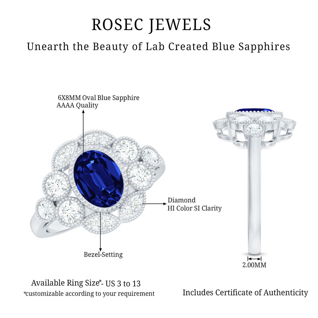 Vintage Looking 1.5 Carat Lab Grown Blue Sapphire Engagement Ring with Diamond