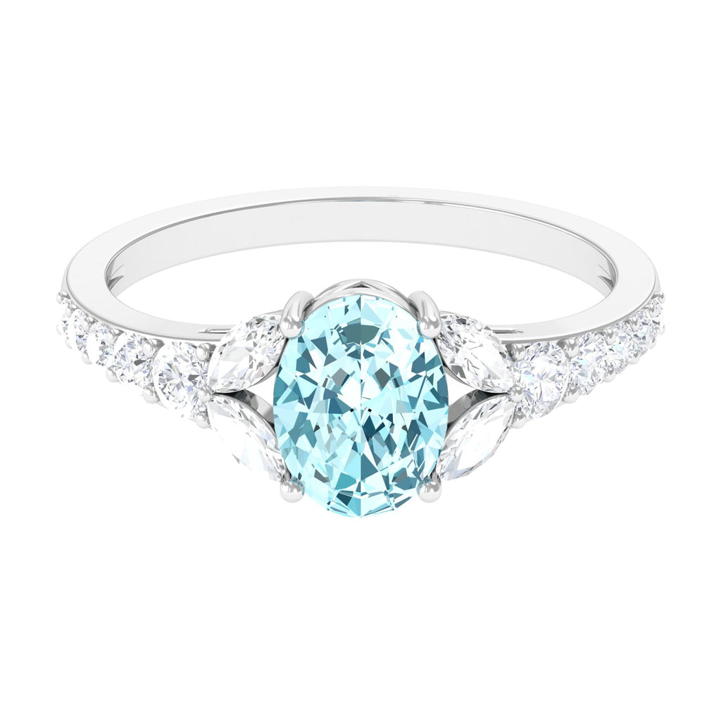 Split Shank Oval Aquamarine Solitaire Ring with Moissanite