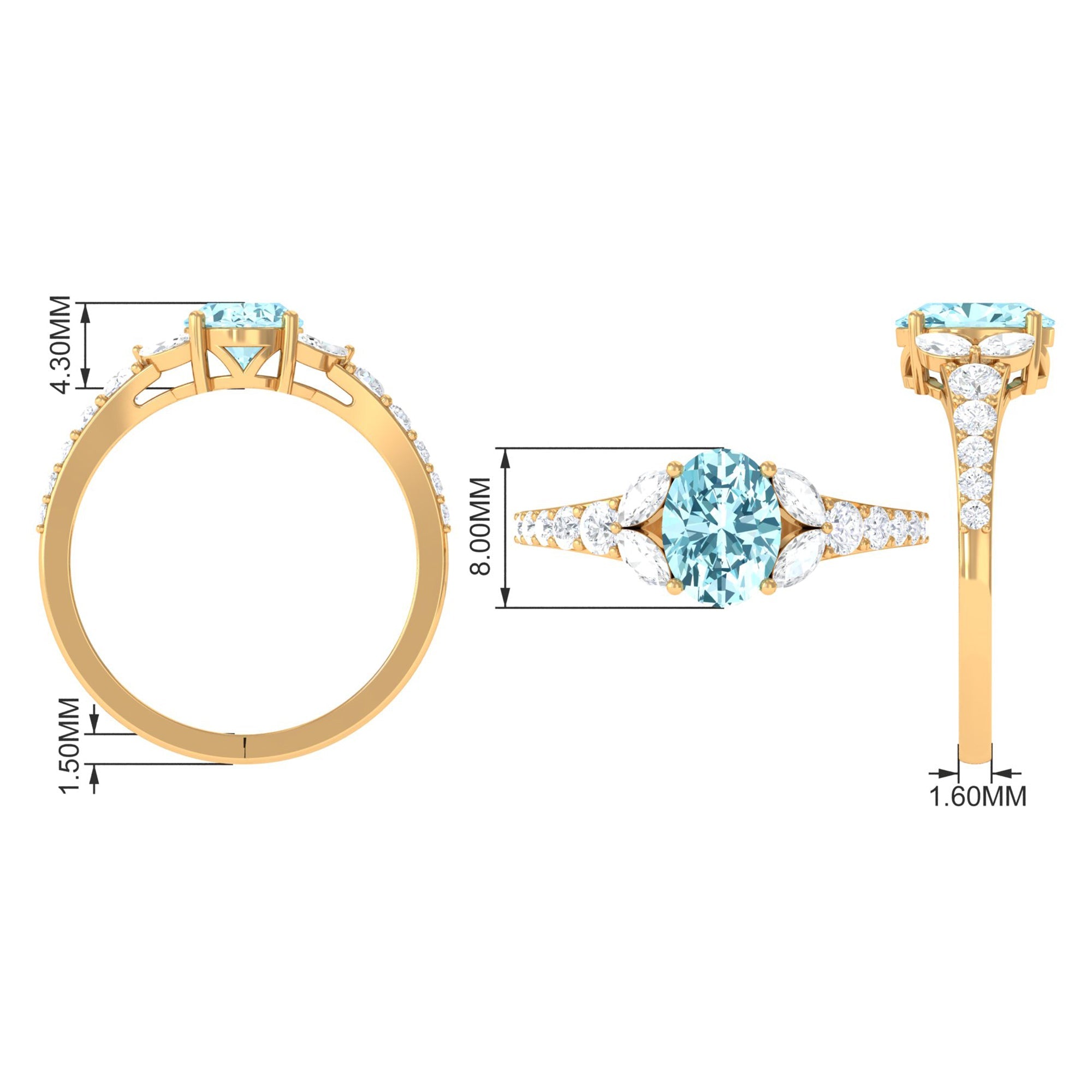 Split Shank Oval Aquamarine Solitaire Ring with Moissanite