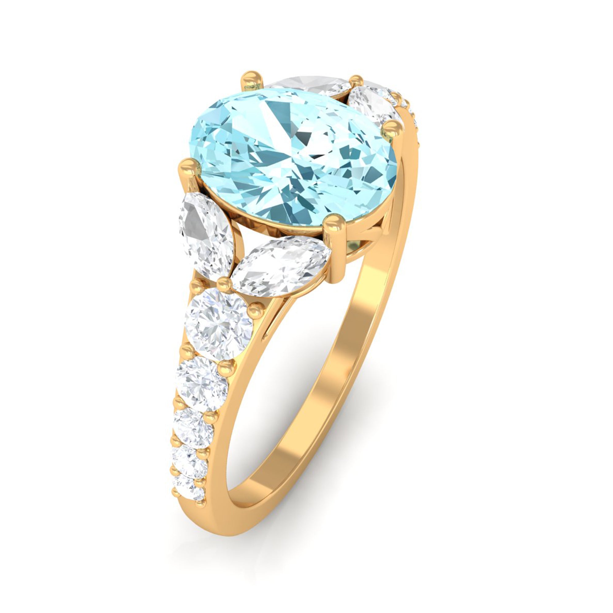 Split Shank Oval Aquamarine Solitaire Ring with Moissanite