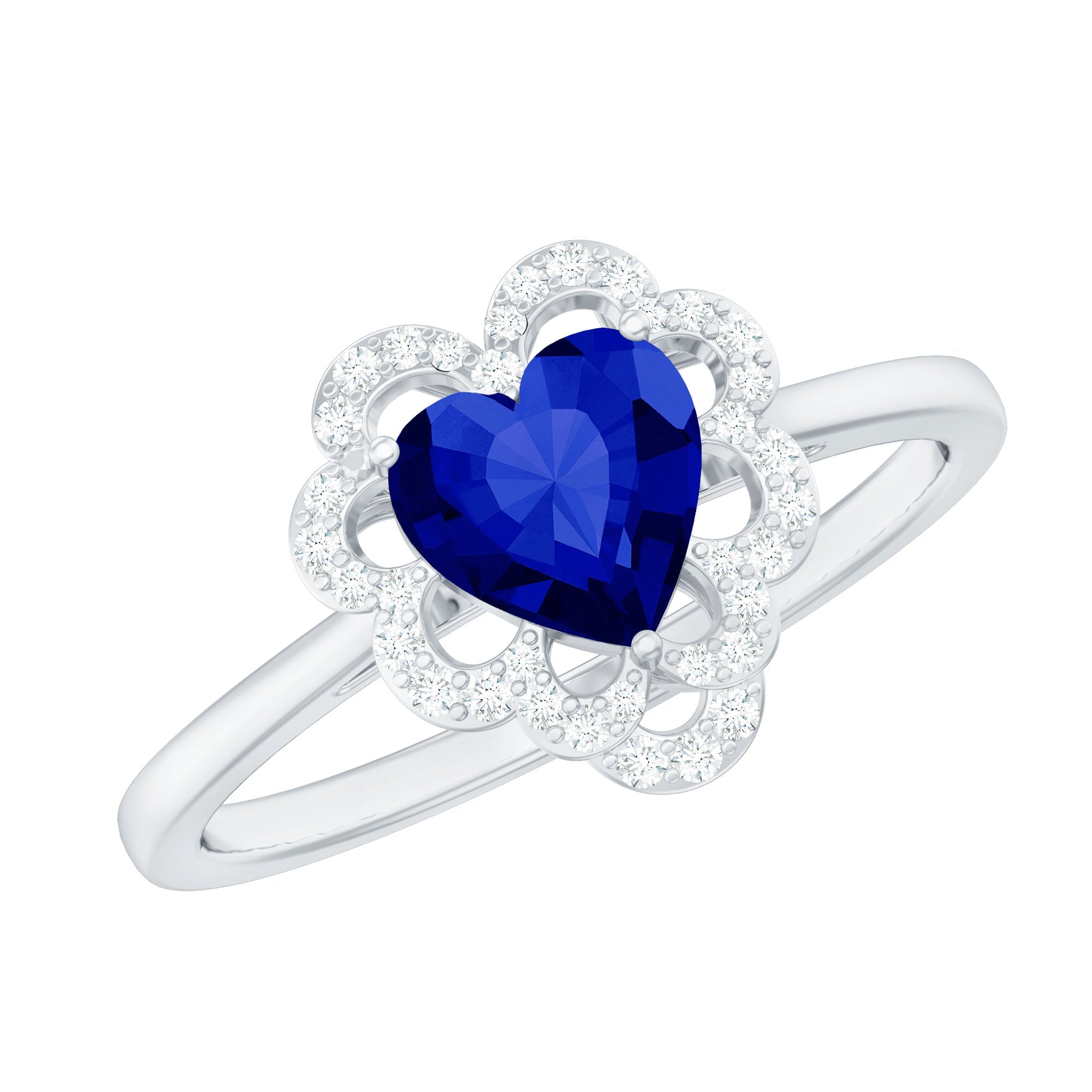 1 Carat Heart Lab Grown Blue Sapphire Designer Engagement Ring with Diamond