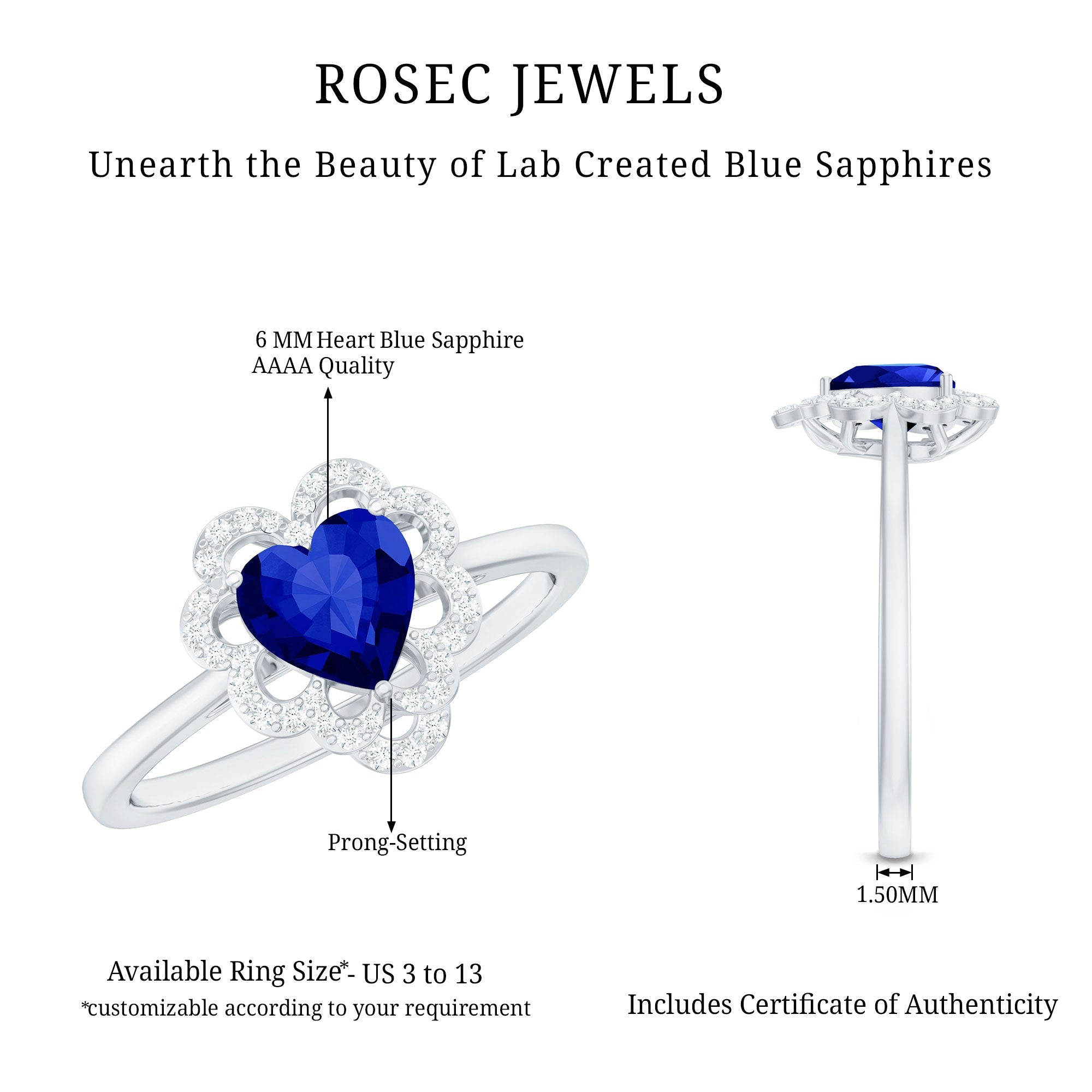 1 Carat Heart Lab Grown Blue Sapphire Designer Engagement Ring with Diamond