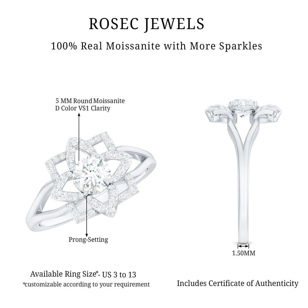 Certified Moissanite Floral Engagement Ring with Split Shank
