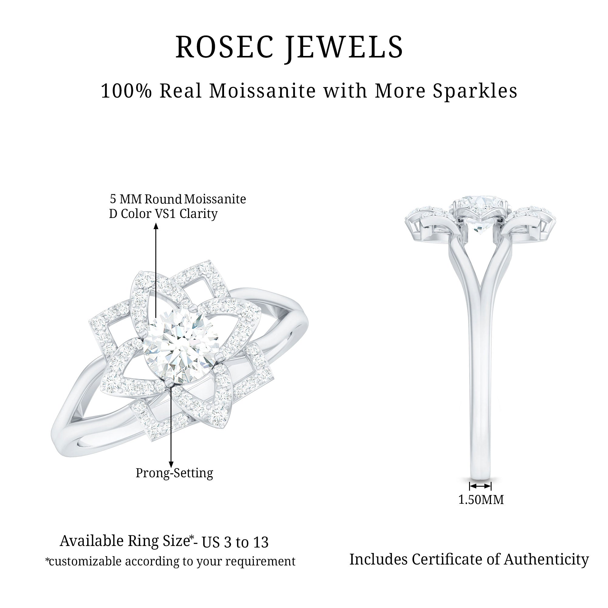 Certified Moissanite Floral Engagement Ring with Split Shank