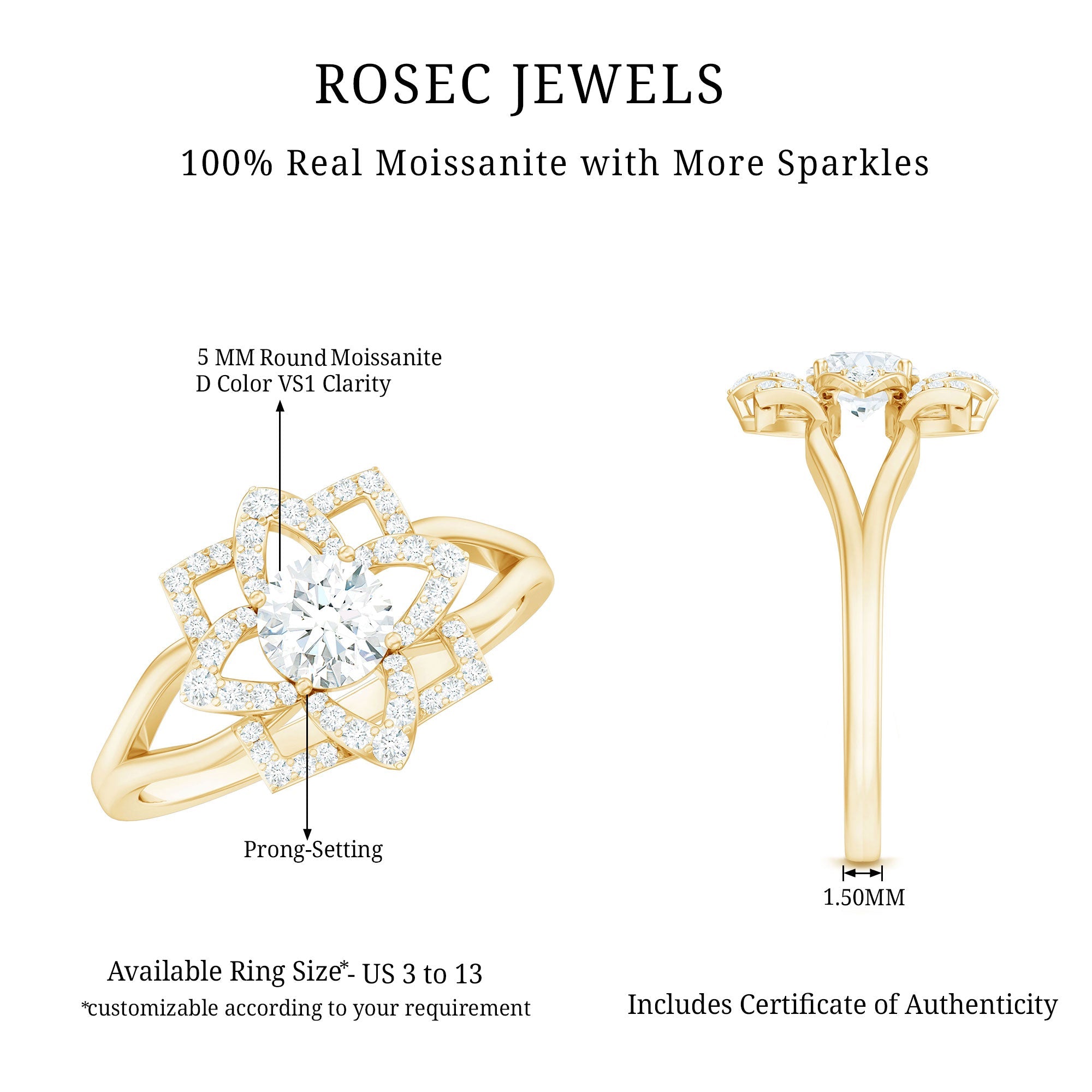 Certified Moissanite Floral Engagement Ring with Split Shank