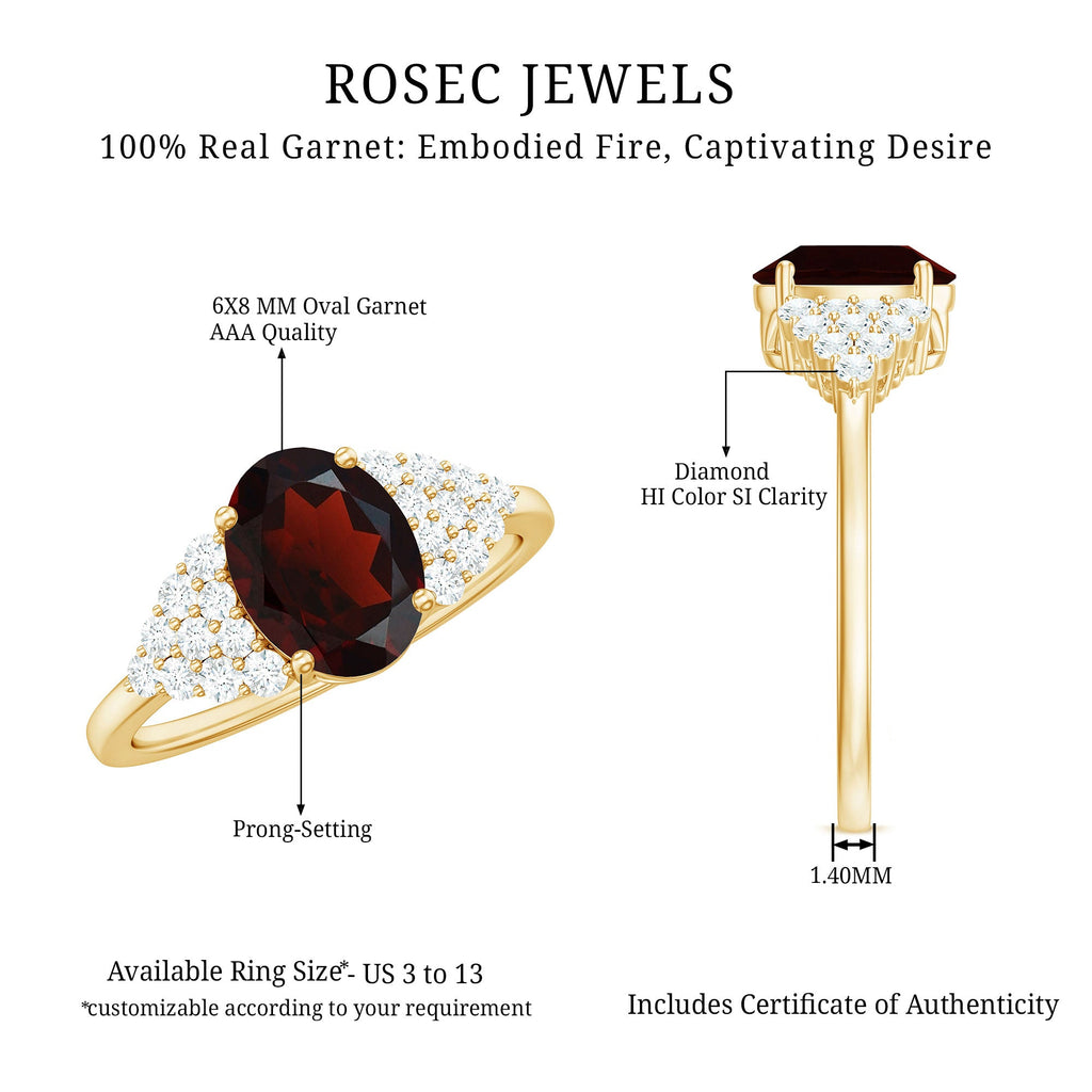 Certified Real 6X8mm Garnet Oval Engagement Ring with Diamond