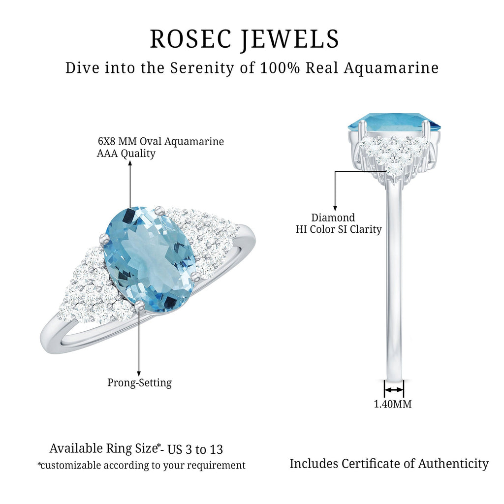 Solitaire Aquamarine Oval Engagement Ring with Diamond