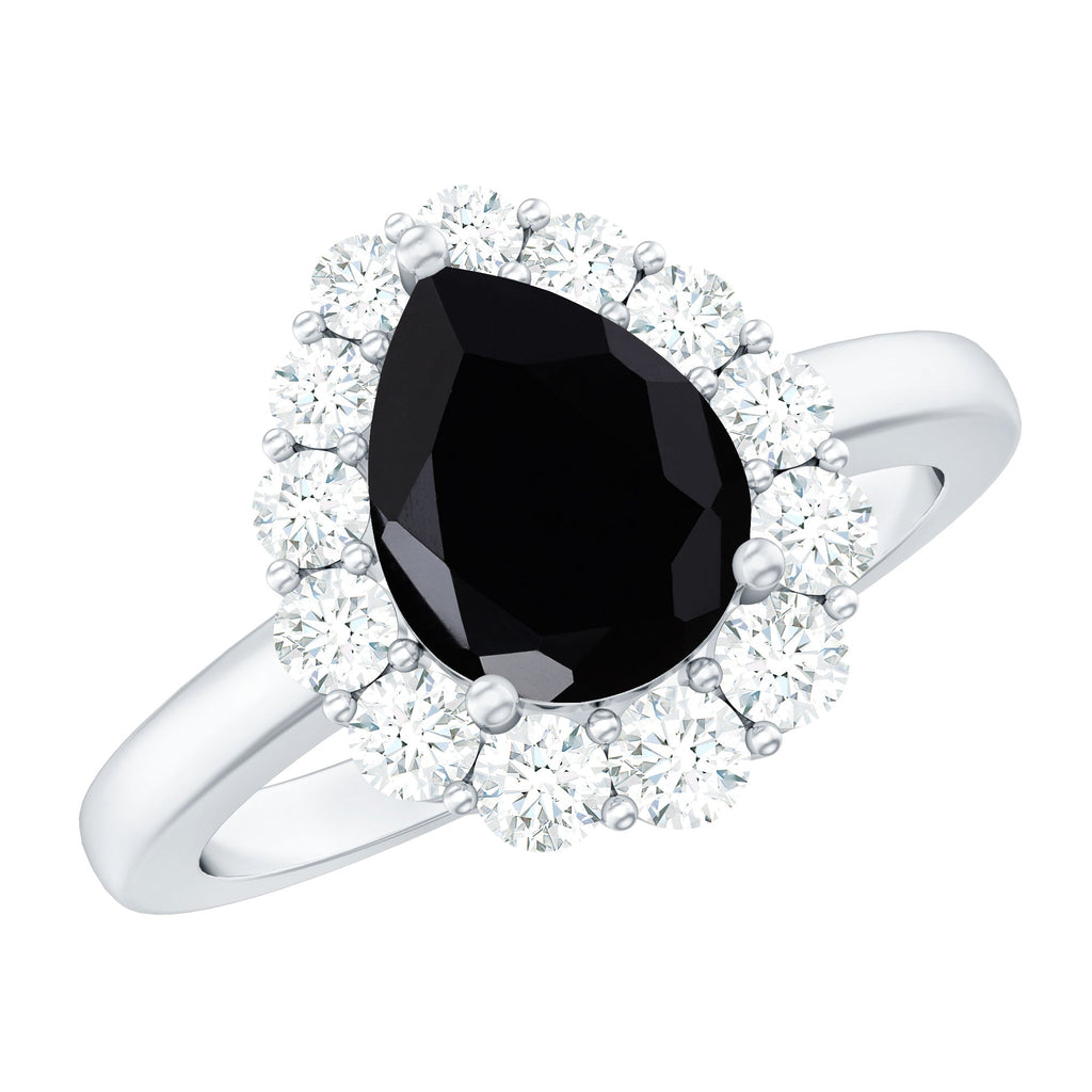 Certified Real 7X10mm Black Spinel Teardrop Engagement Ring with Moissanite Halo