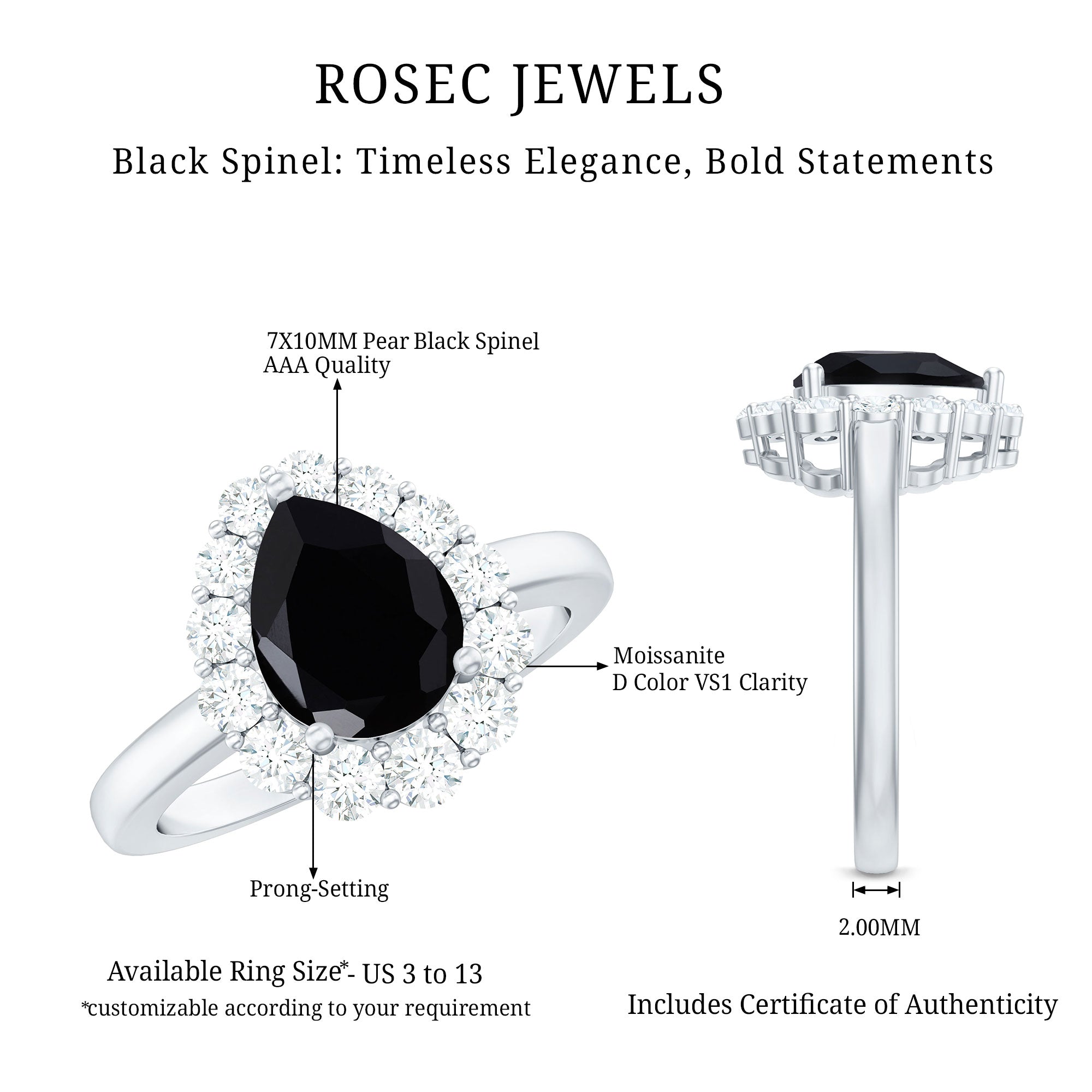 Certified Real 7X10mm Black Spinel Teardrop Engagement Ring with Moissanite Halo