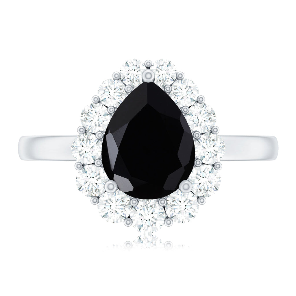 Certified Real 7X10mm Black Spinel Teardrop Engagement Ring with Moissanite Halo