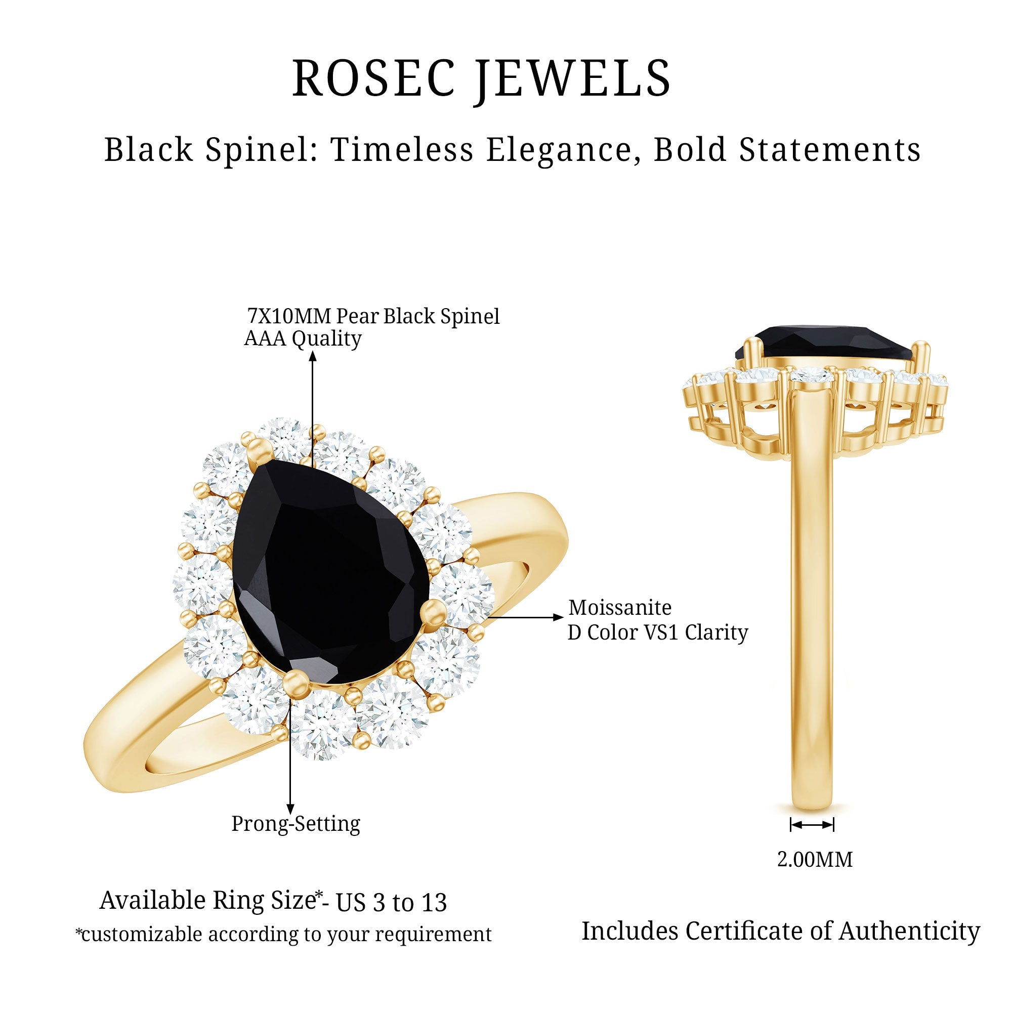 Certified Real 7X10mm Black Spinel Teardrop Engagement Ring with Moissanite Halo
