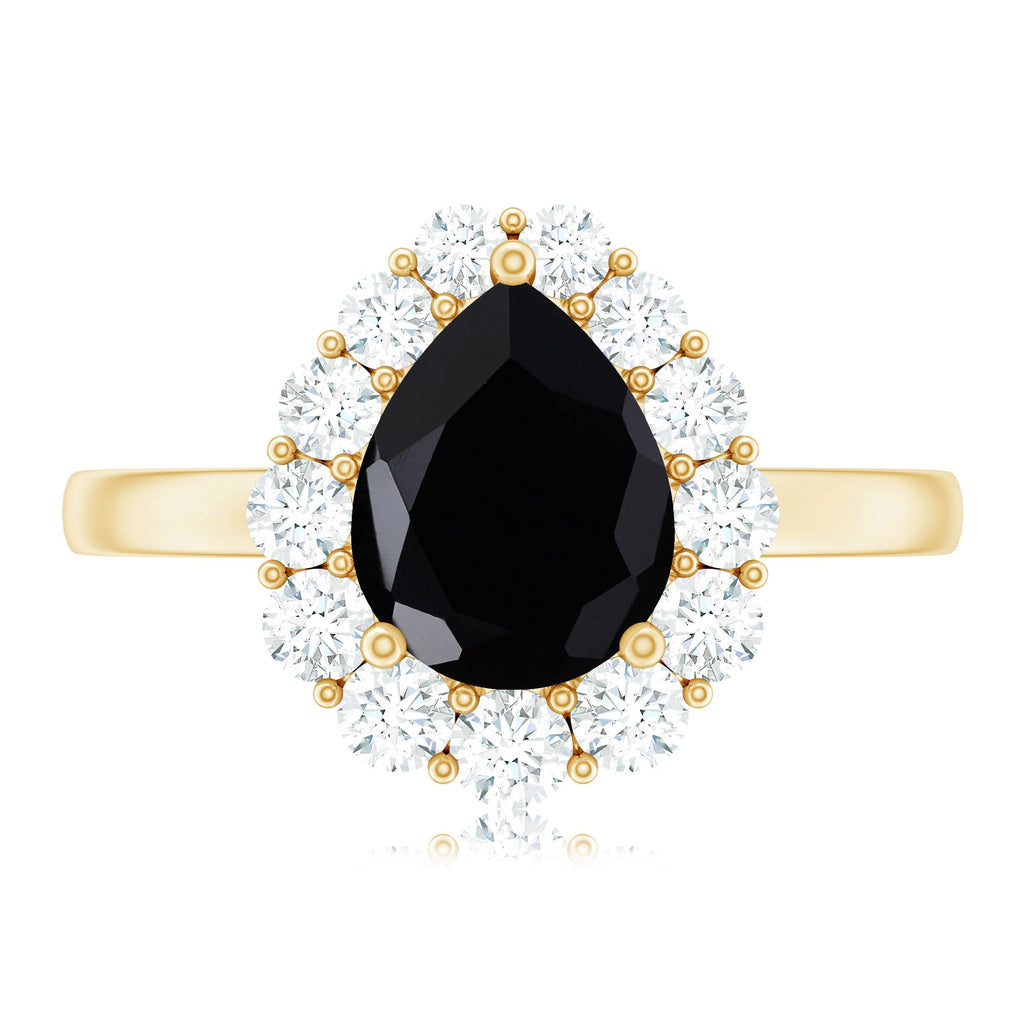 Certified Real 7X10mm Black Spinel Teardrop Engagement Ring with Moissanite Halo