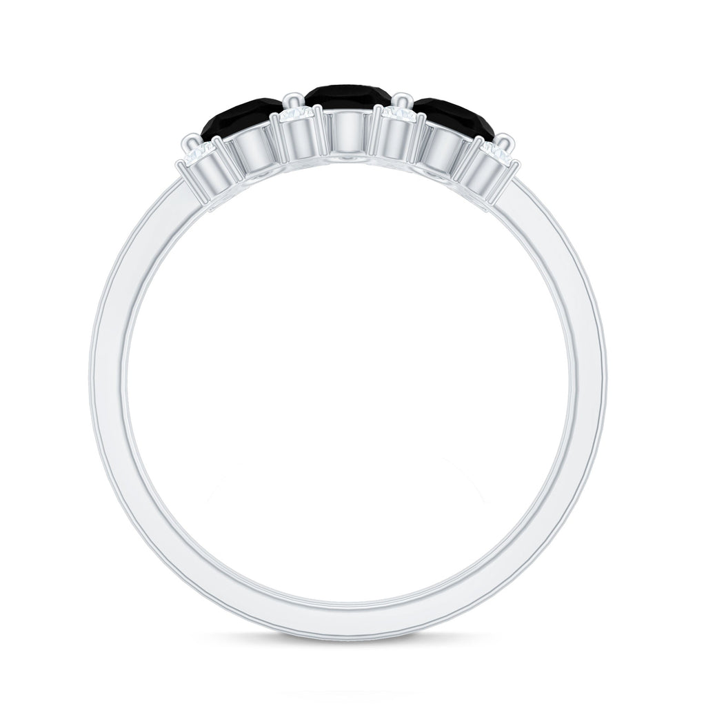 Natural Oval Black Spinel 3 Stone Engagement Ring with Diamond