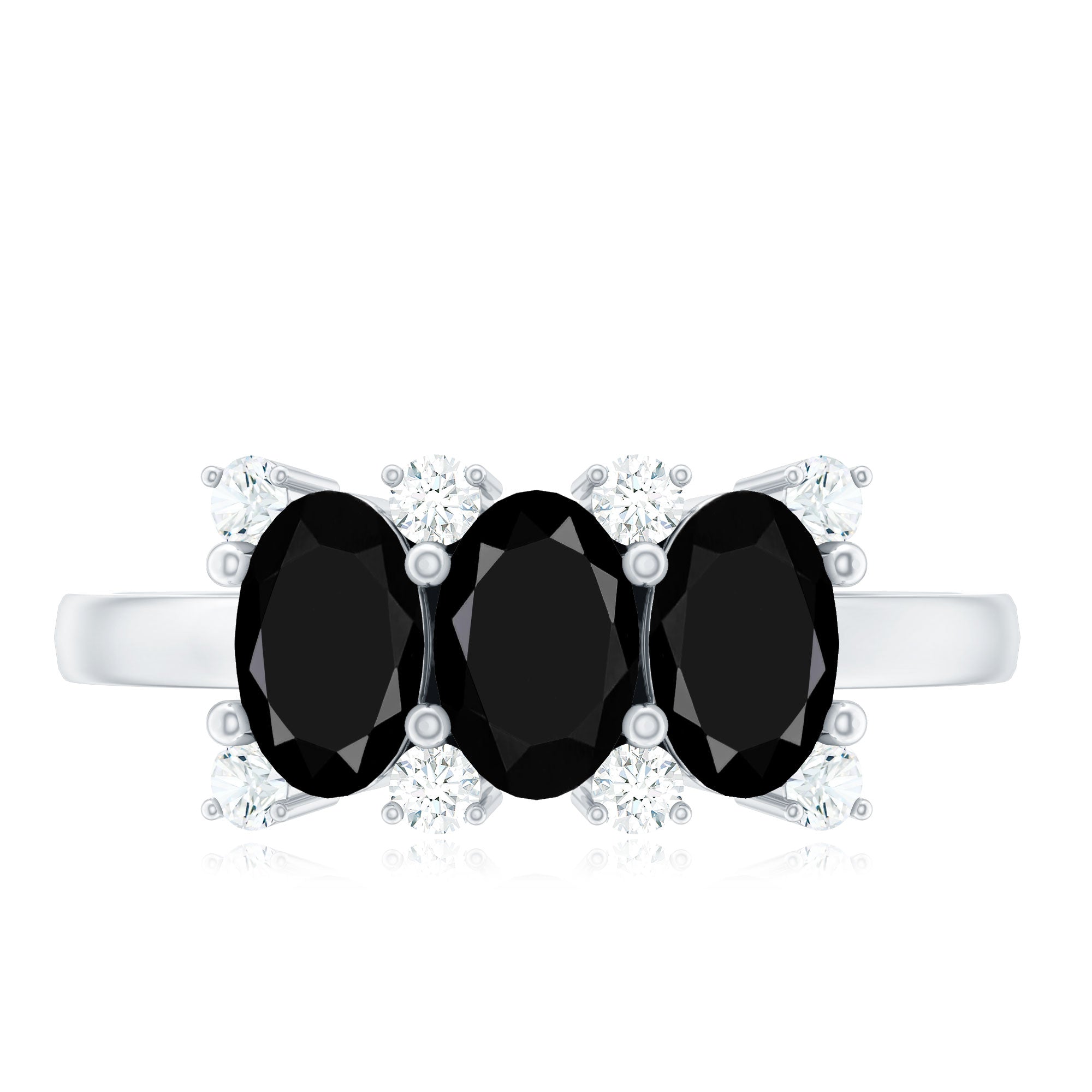 Natural Oval Black Spinel 3 Stone Engagement Ring with Diamond