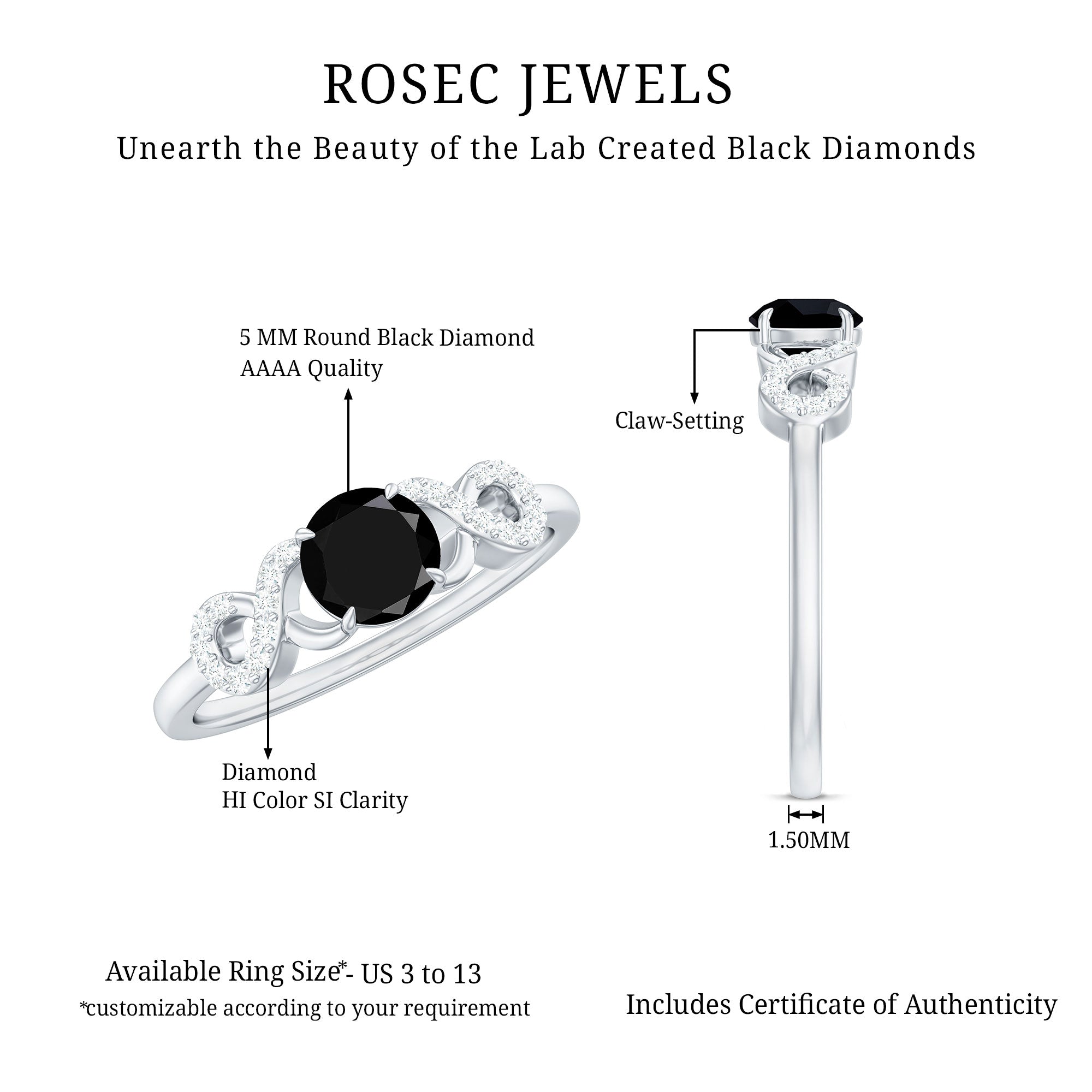 Round Shape Created Black Diamond and Diamond Infinity Engagement Ring