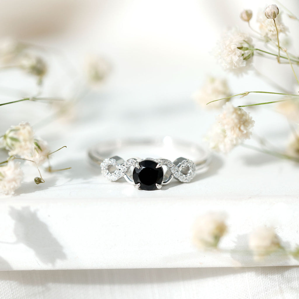 Round Shape Created Black Diamond and Diamond Infinity Engagement Ring