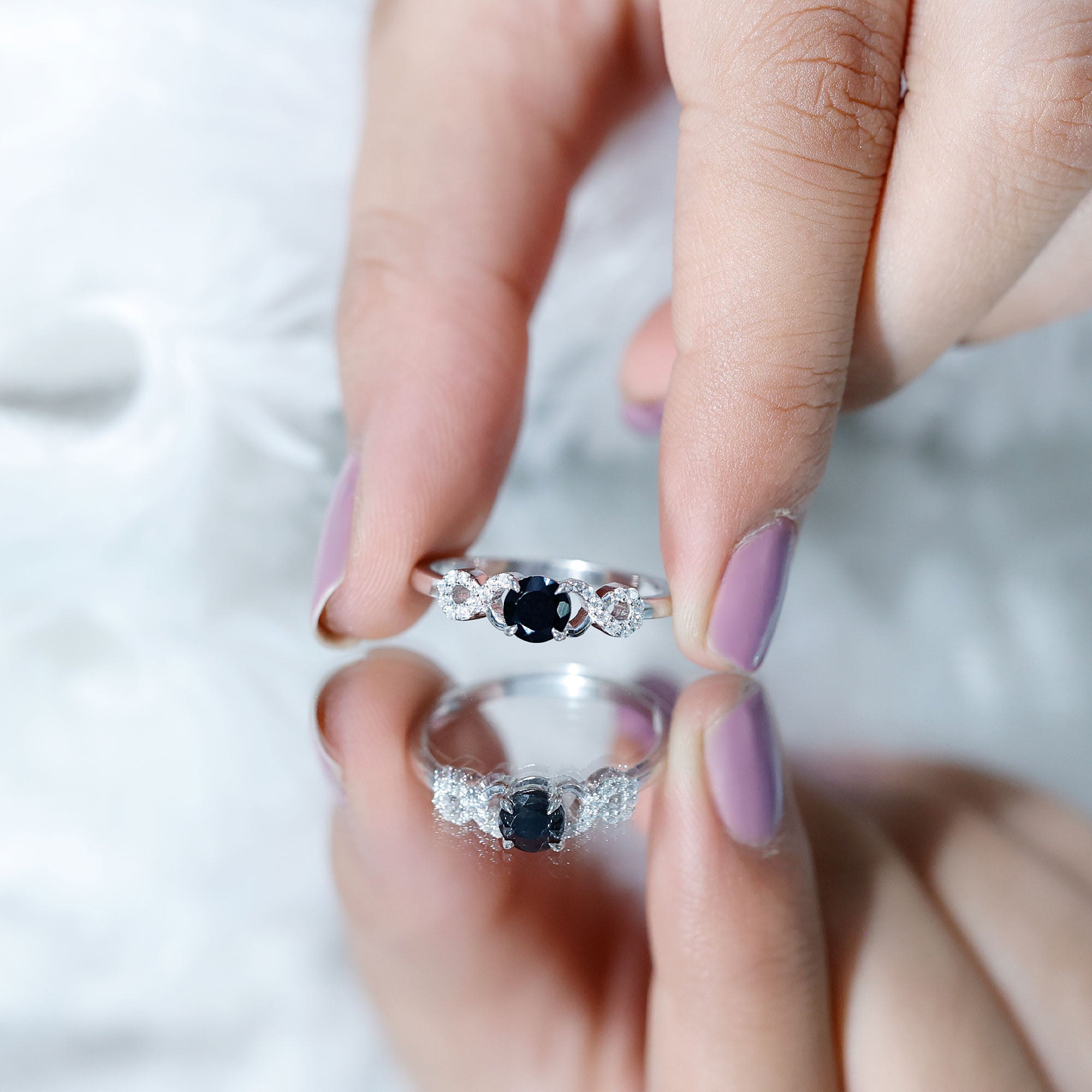 Round Shape Created Black Diamond and Diamond Infinity Engagement Ring