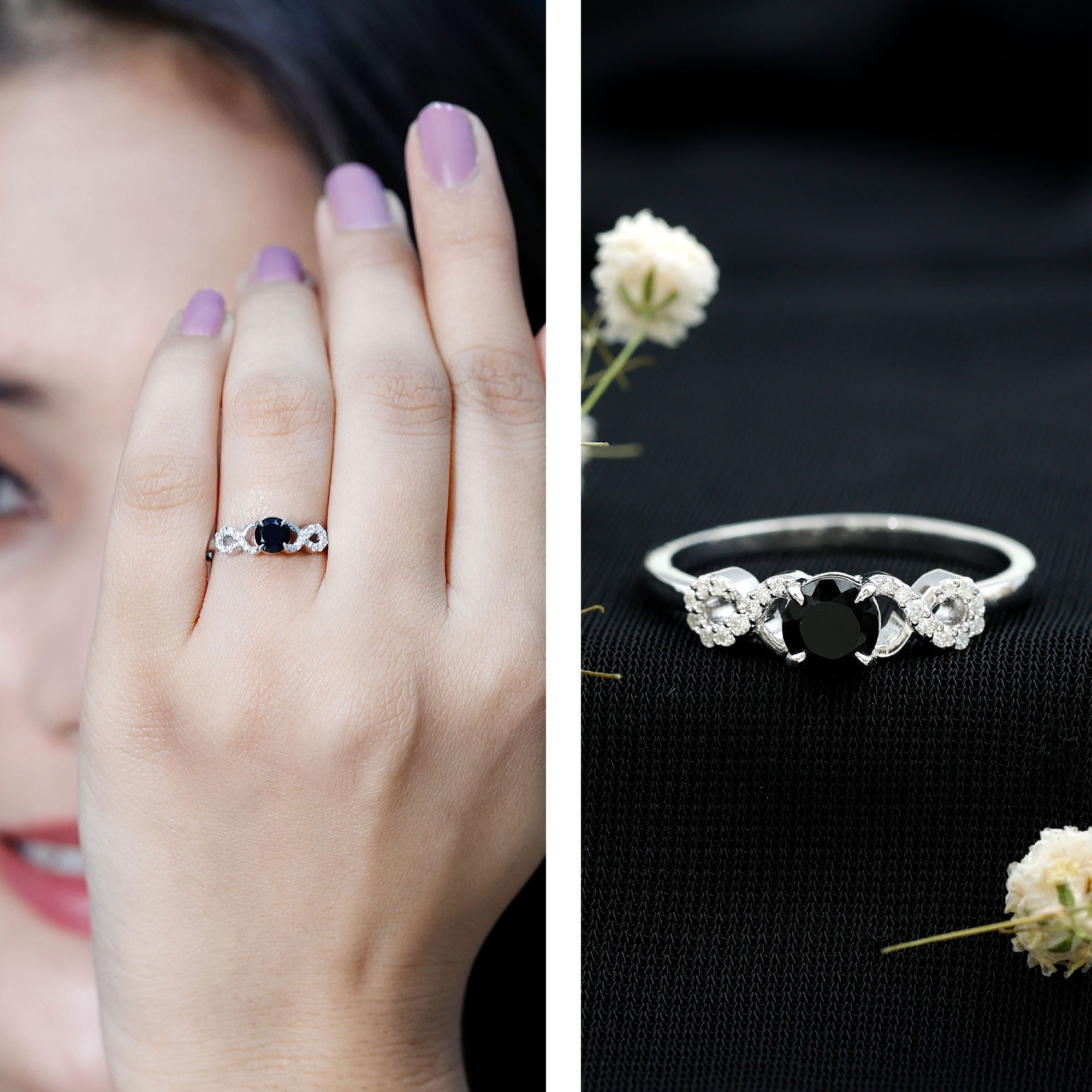 Round Shape Created Black Diamond and Diamond Infinity Engagement Ring