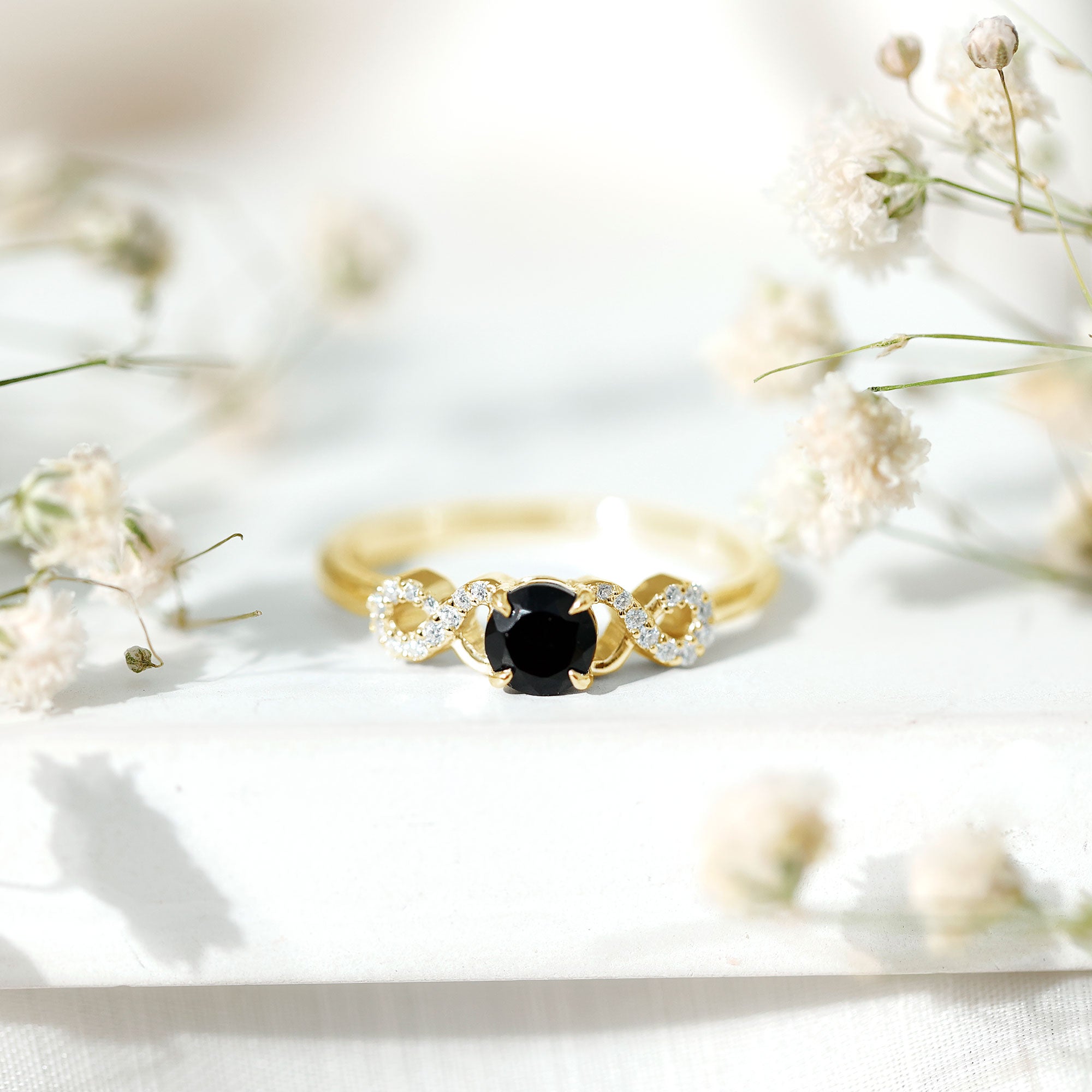 Round Shape Created Black Diamond and Diamond Infinity Engagement Ring