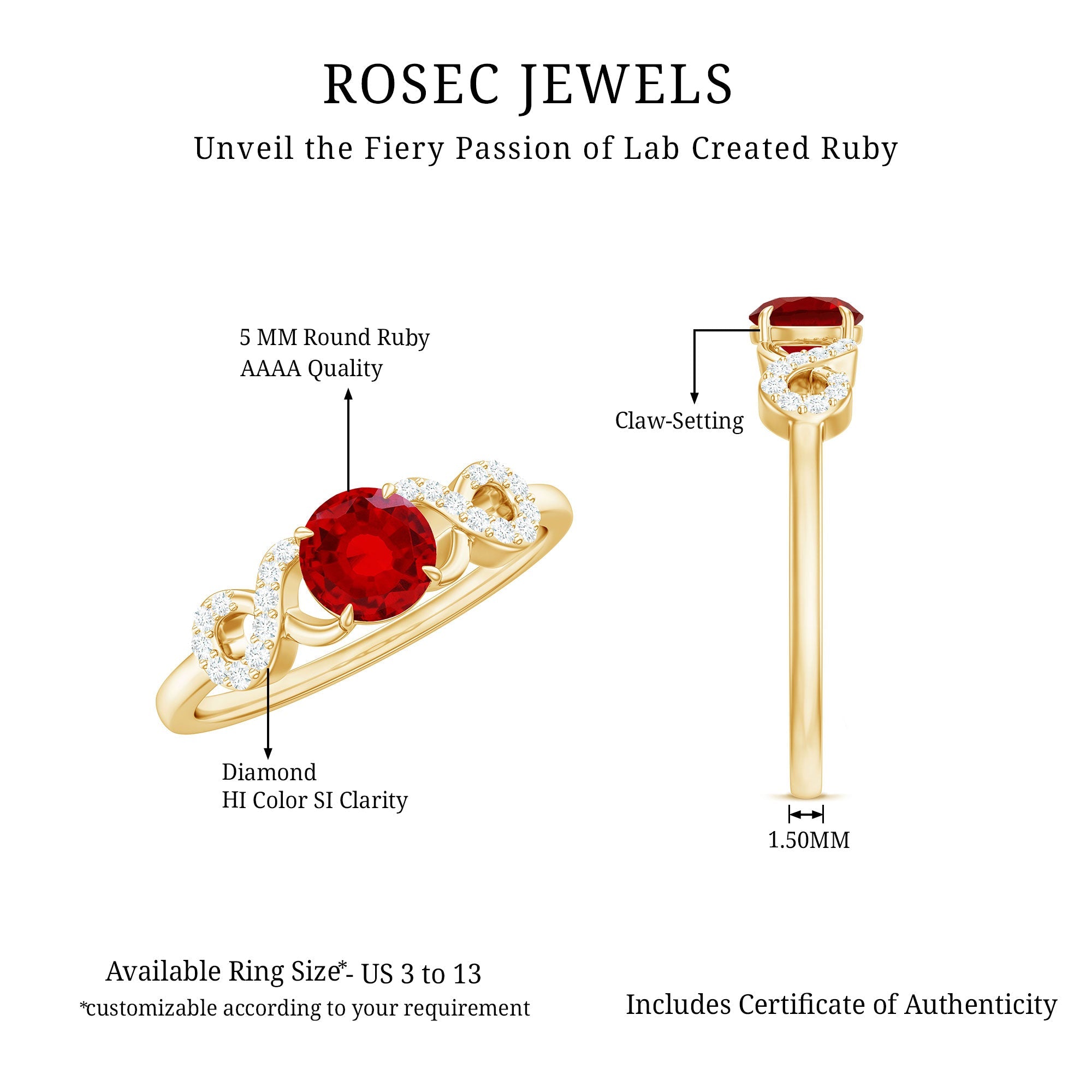 Round Shape Lab Grown Ruby Solitaire Infinity Ring with Diamond