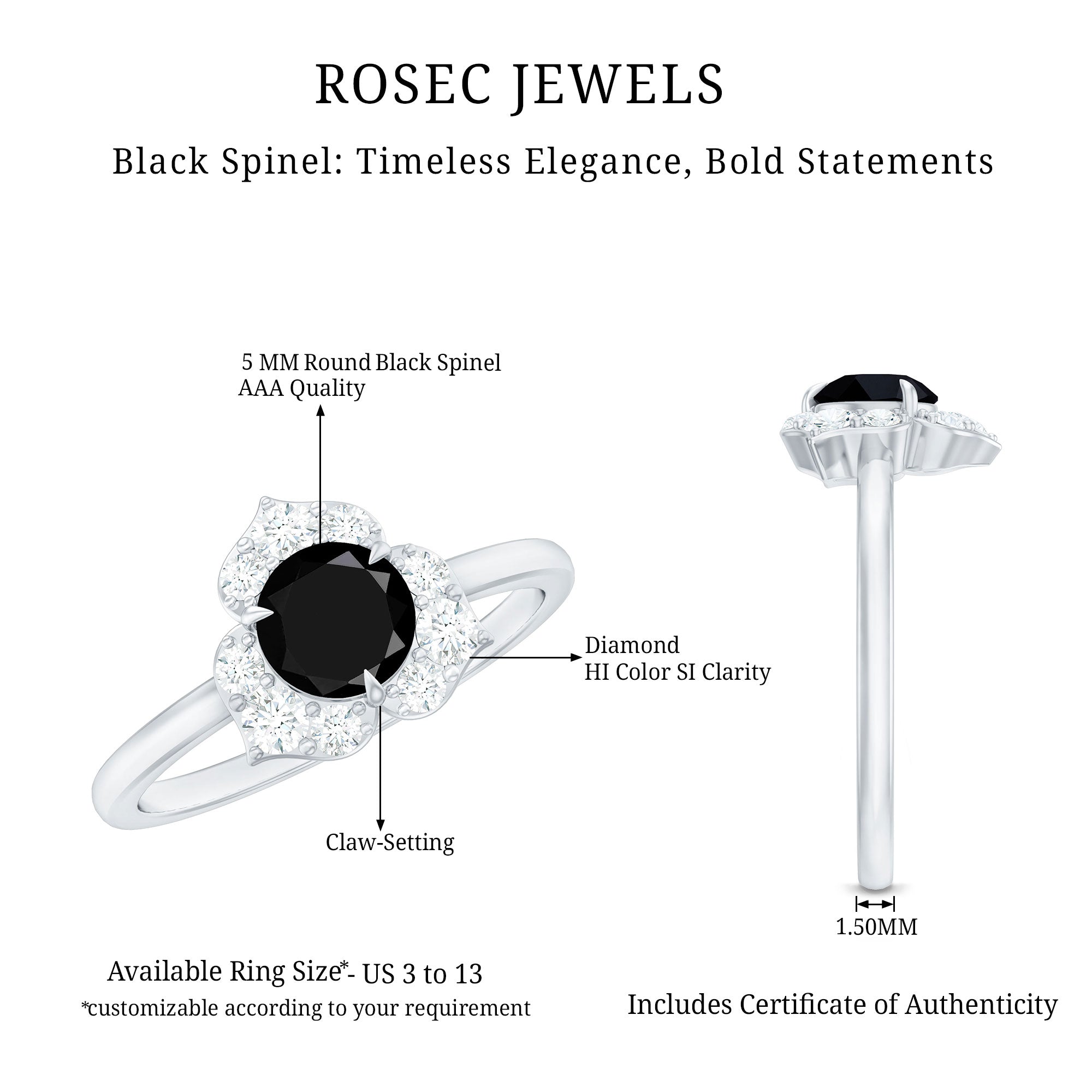 Natural Black Spinel Flower Engagement Ring with Diamond