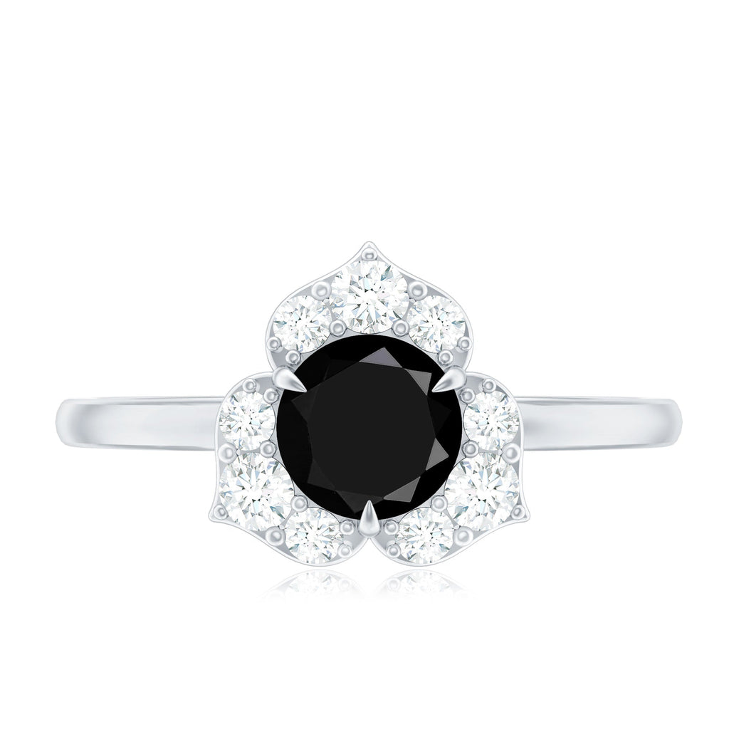 Natural Black Spinel Flower Engagement Ring with Diamond
