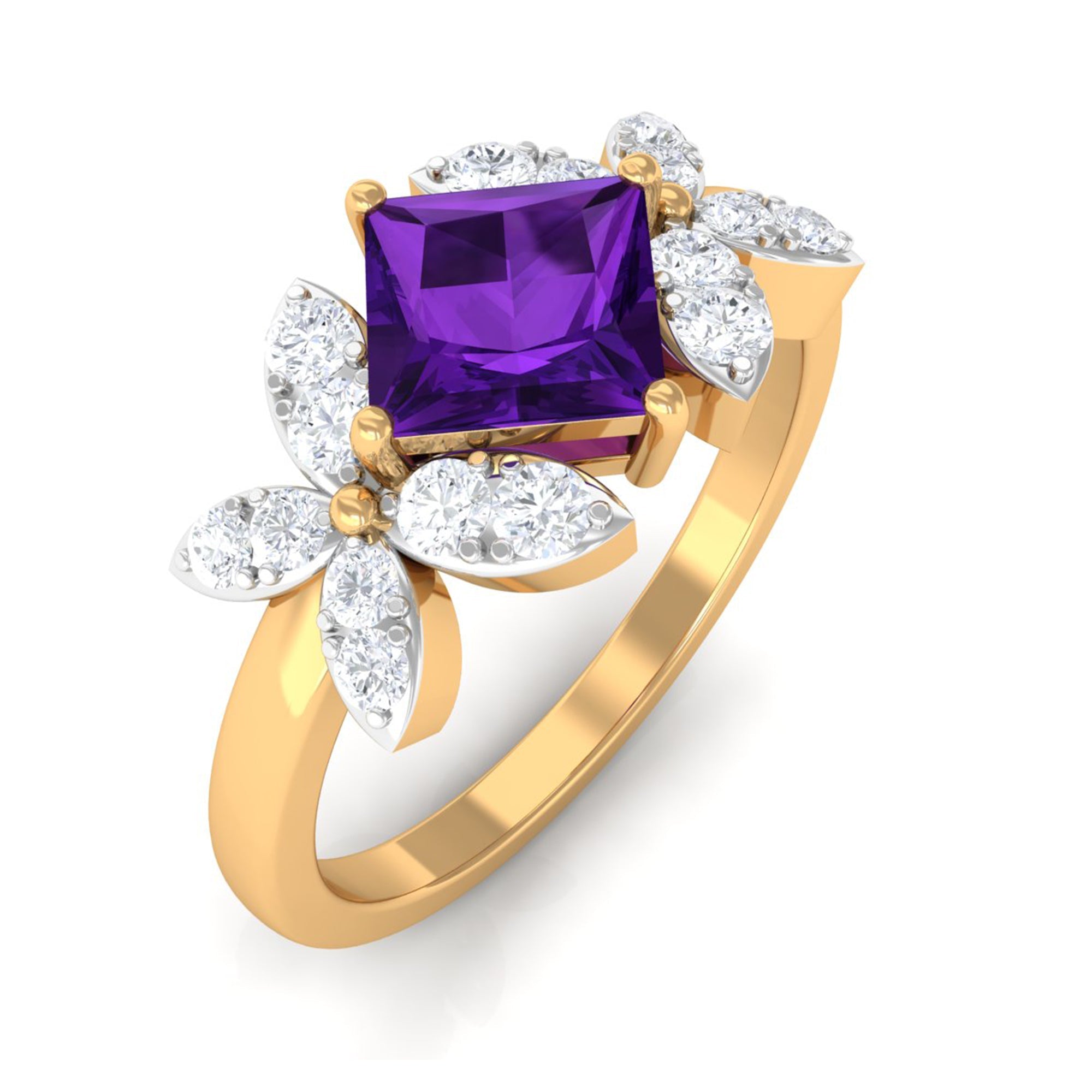 Princess Cut Amethyst Floral Engagement Ring with Diamond