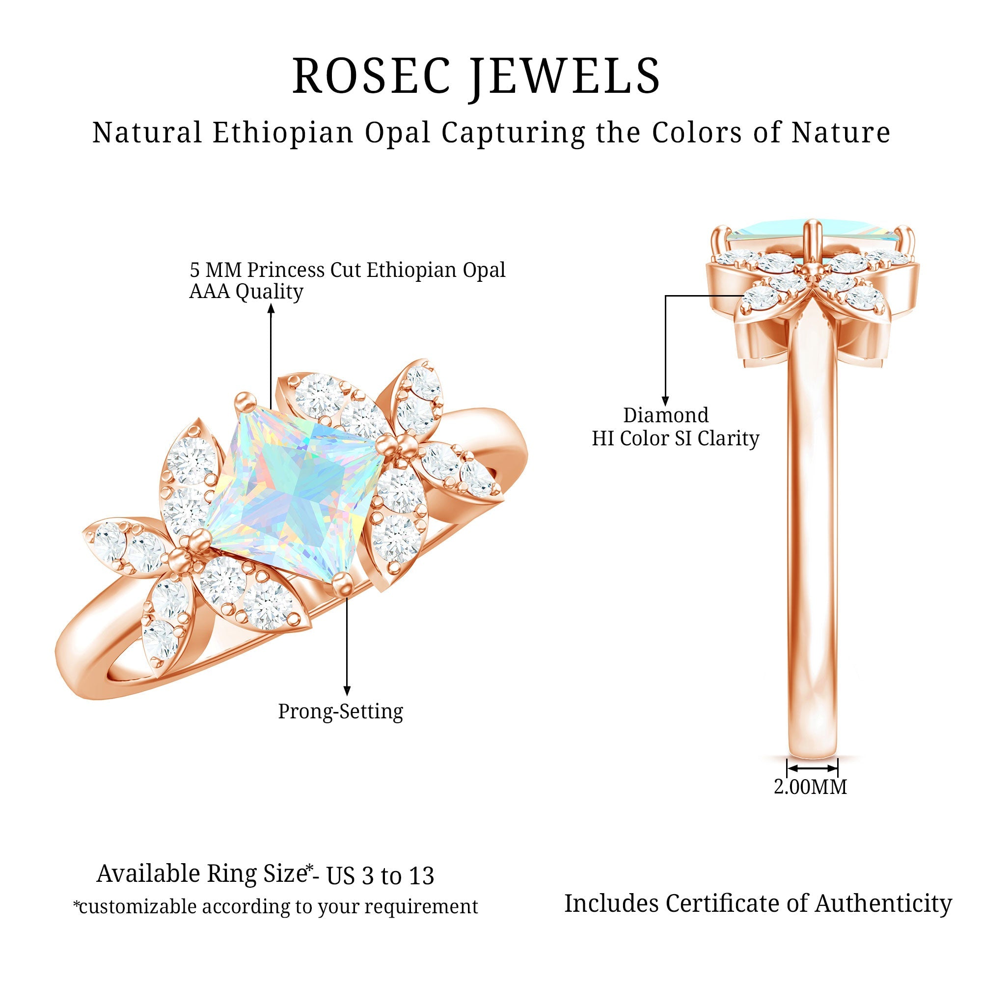 Natural Princess Cut Ethiopian Opal Flower Engagement Ring with Diamond