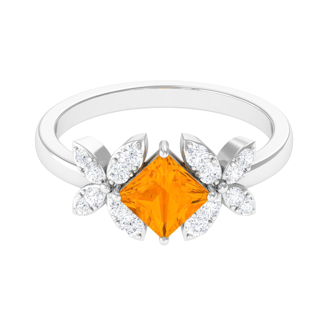 1.50 CT Princess Cut Fire Opal Flower Engagement Ring with Diamond
