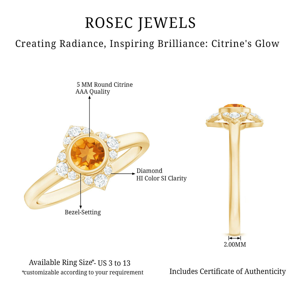 Natural Citrine Diamond Flower Engagement Ring with Certificate