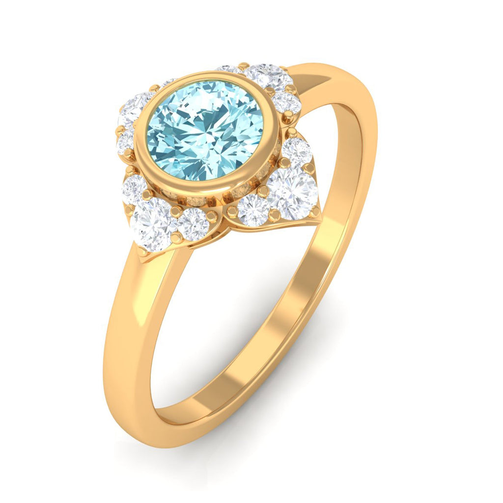 0.50 CT Bezel Set Aquamarine Flower Engagement Ring with Diamond