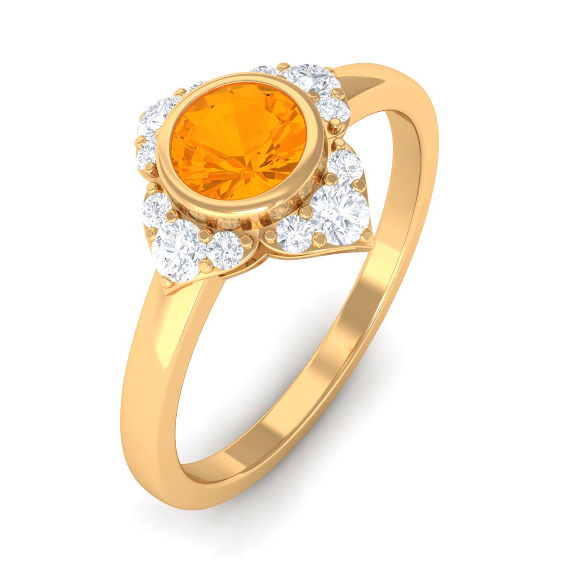 Bezel Set Orange Fire Opal Flower Engagement Ring with Diamond
