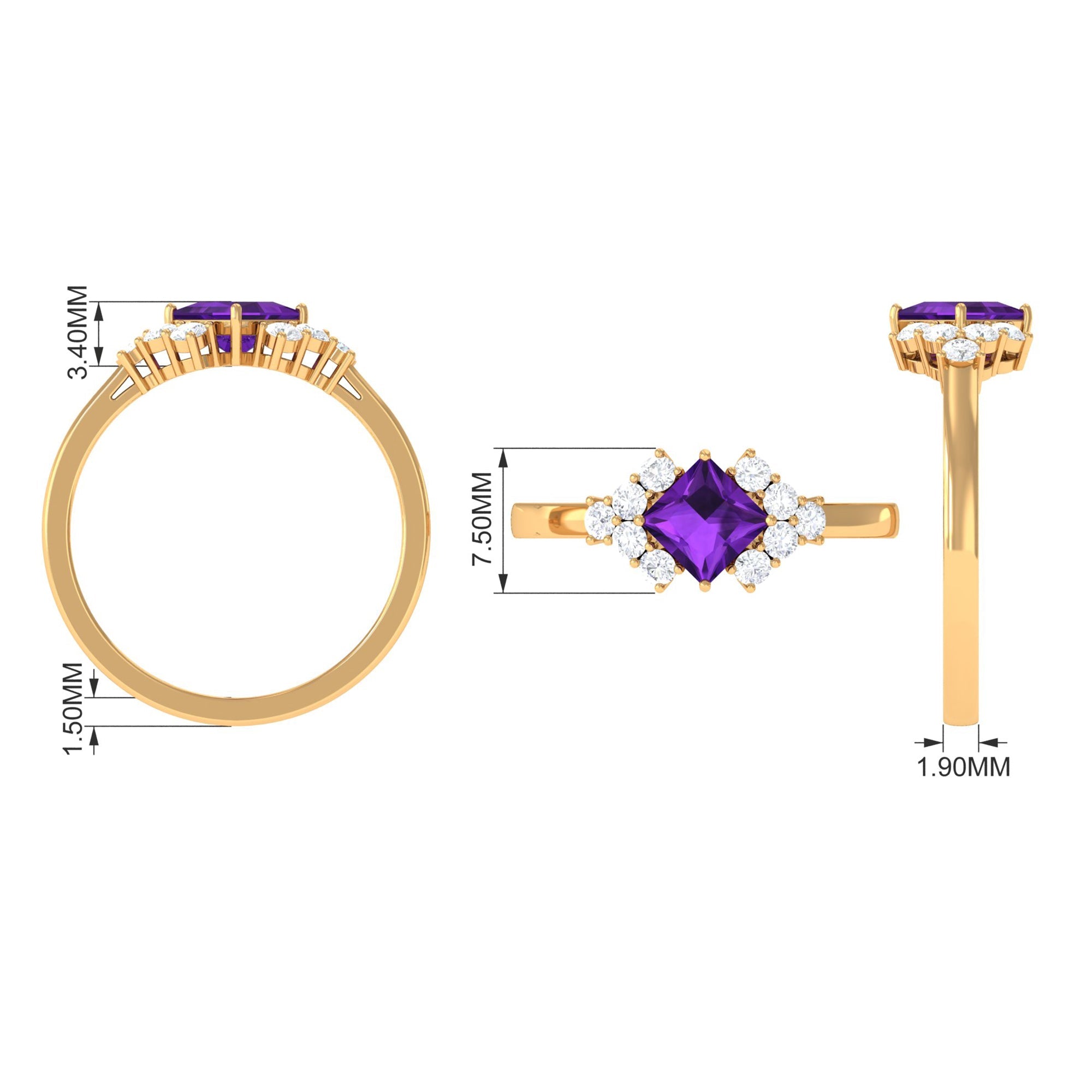 Princess Cut Amethyst Designer Engagement Ring with Diamond